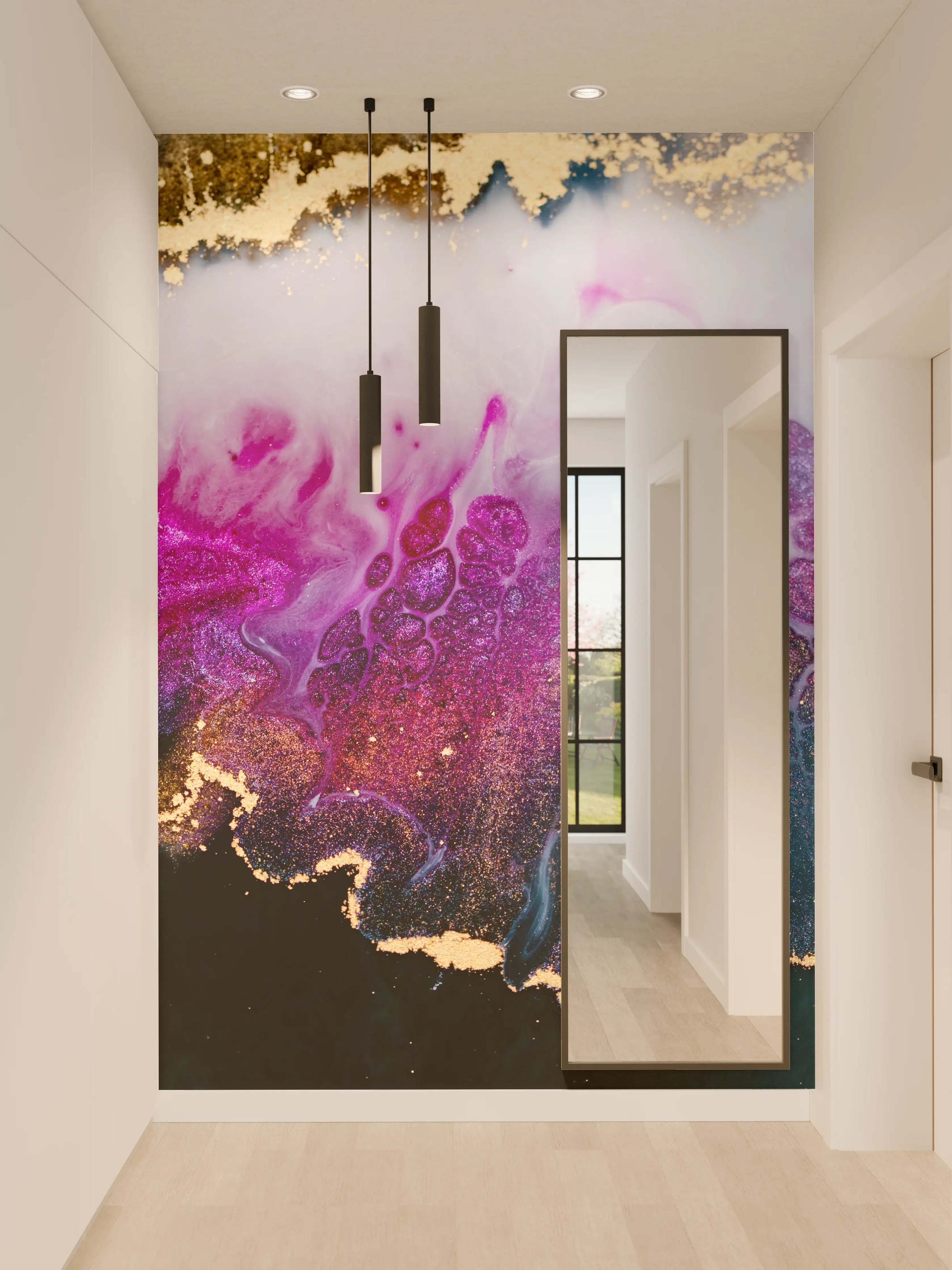Wandverkleidung Flur - Abstrakte Farbexplosion in Violett und Gold