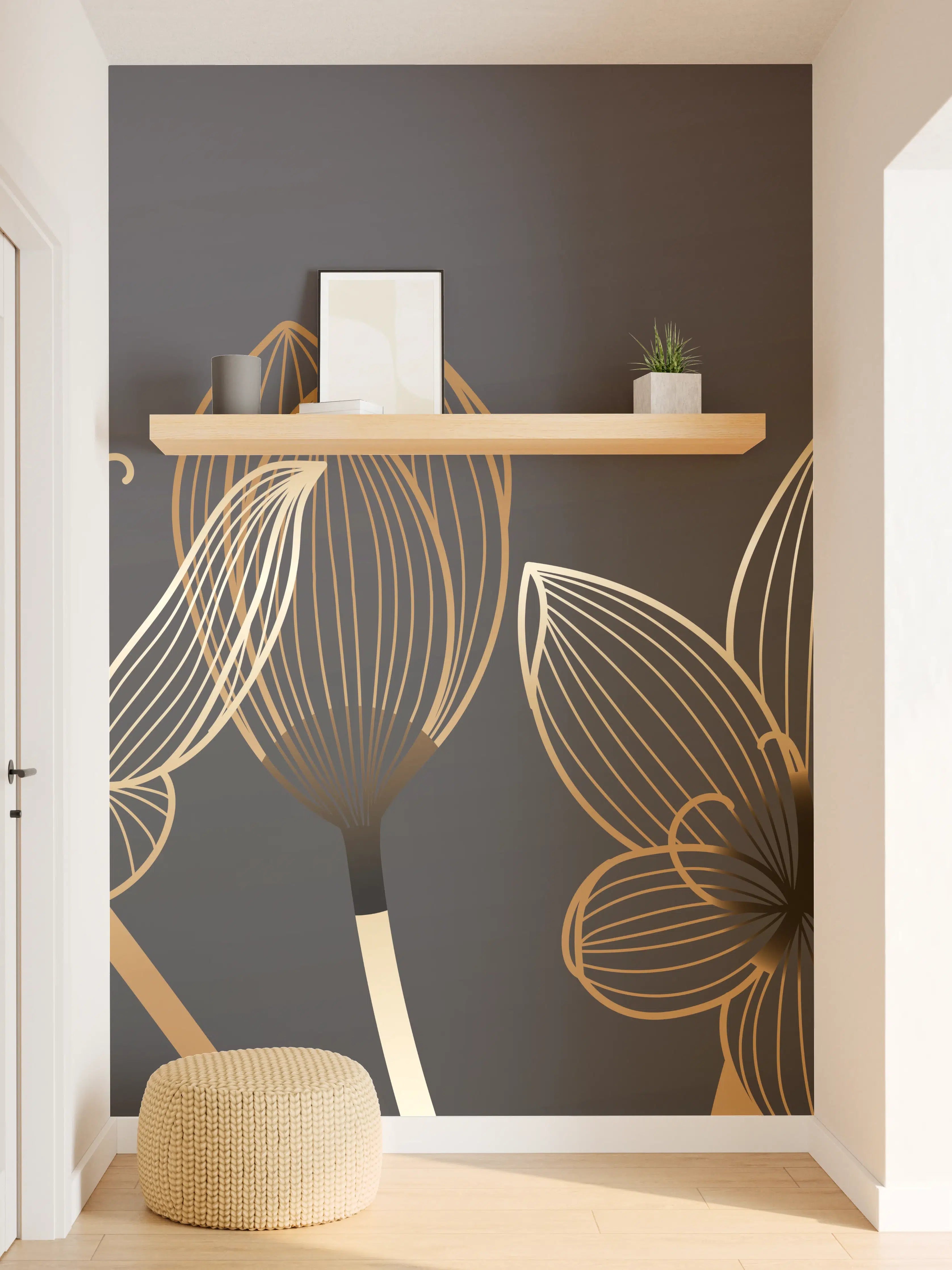 Wandverkleidung Flur - Abstrakte Gold-Schwarz Blumen Linienart