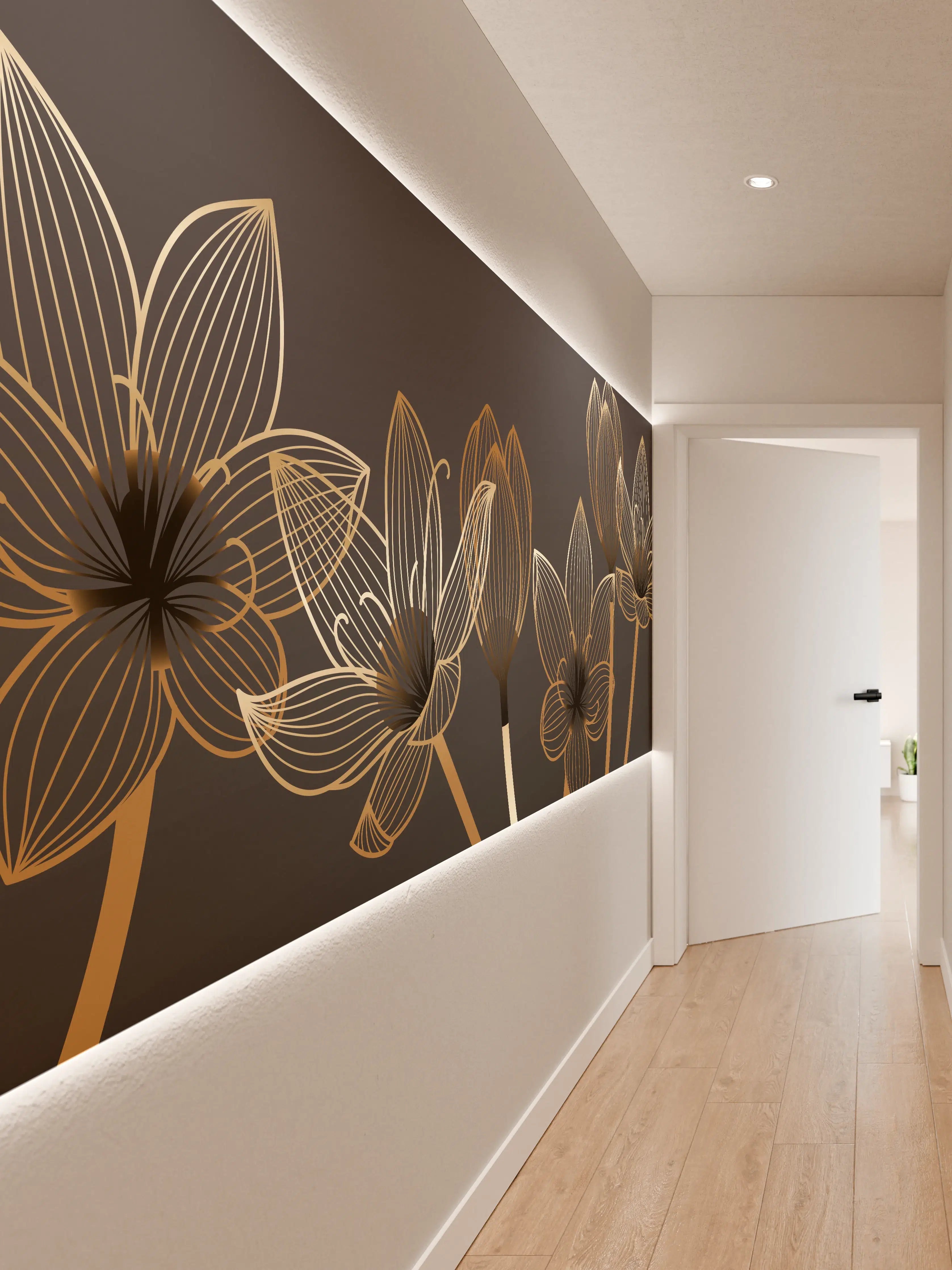 Wandverkleidung Flur - Abstrakte Gold-Schwarz Blumen Linienart