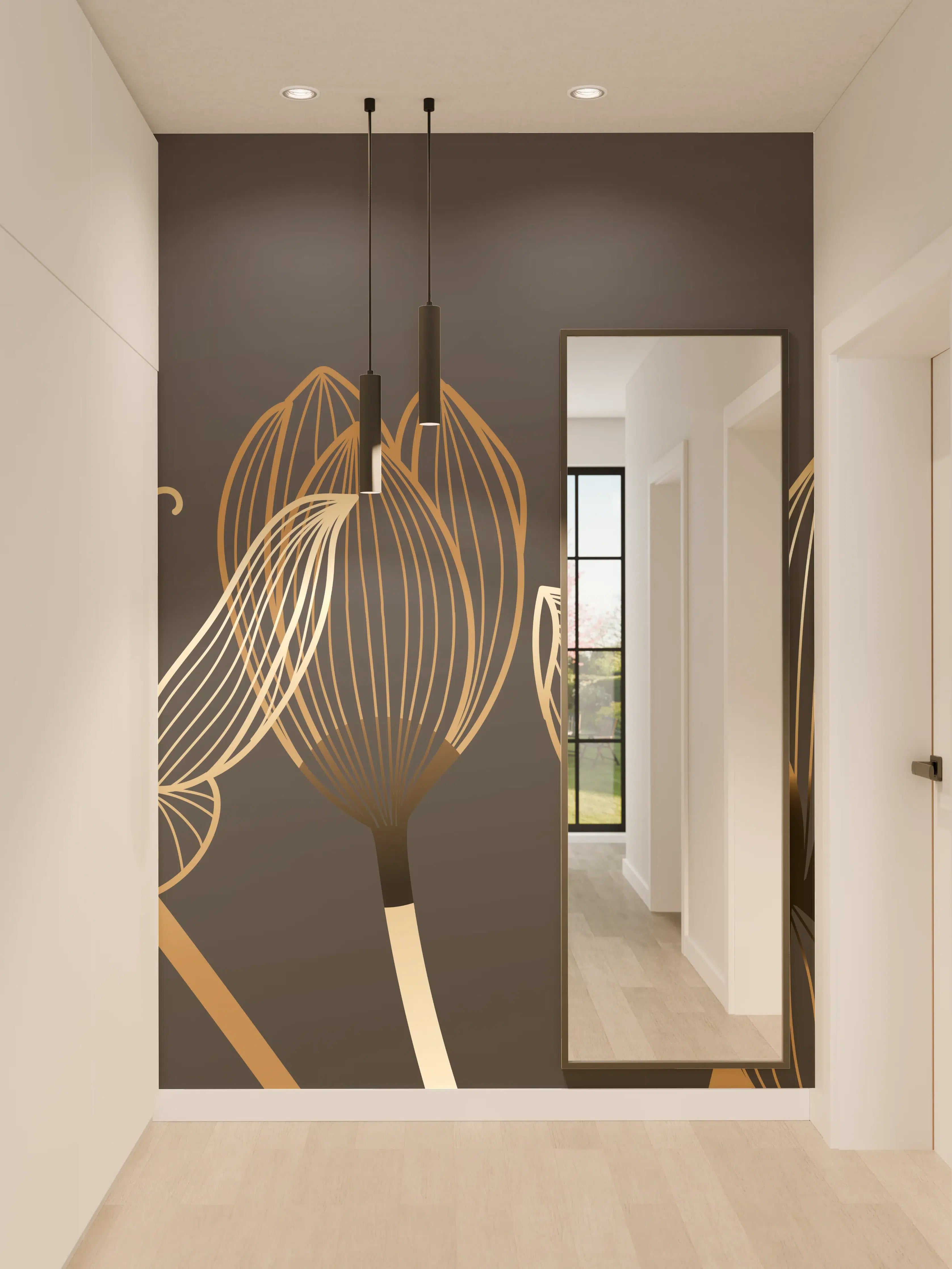 Wandverkleidung Flur - Abstrakte Gold-Schwarz Blumen Linienart