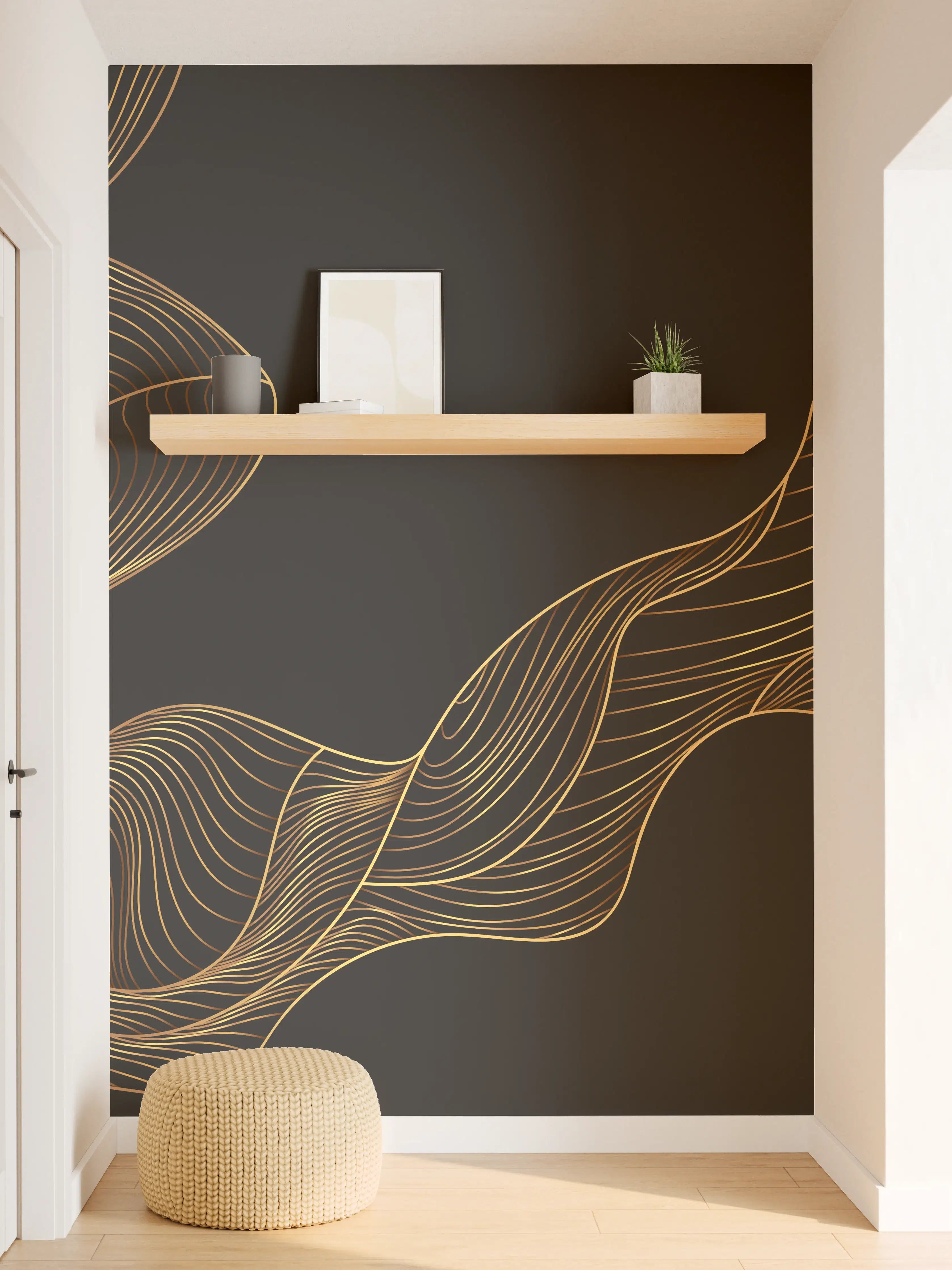 Wandverkleidung Flur - Abstrakte Gold-Schwarz Linienkunst