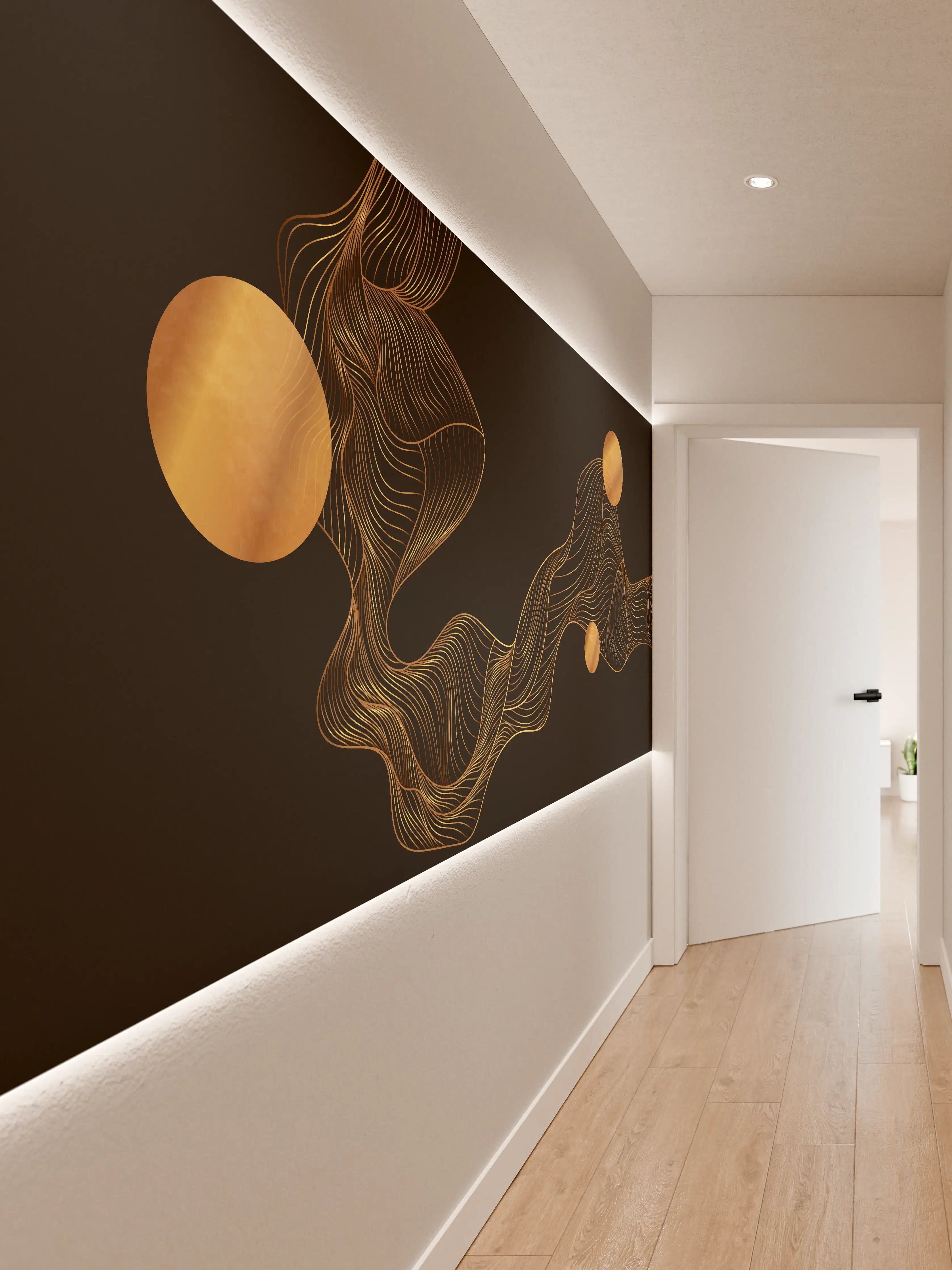 Wandverkleidung Flur - Abstrakte Gold-Schwarz Linienkunst