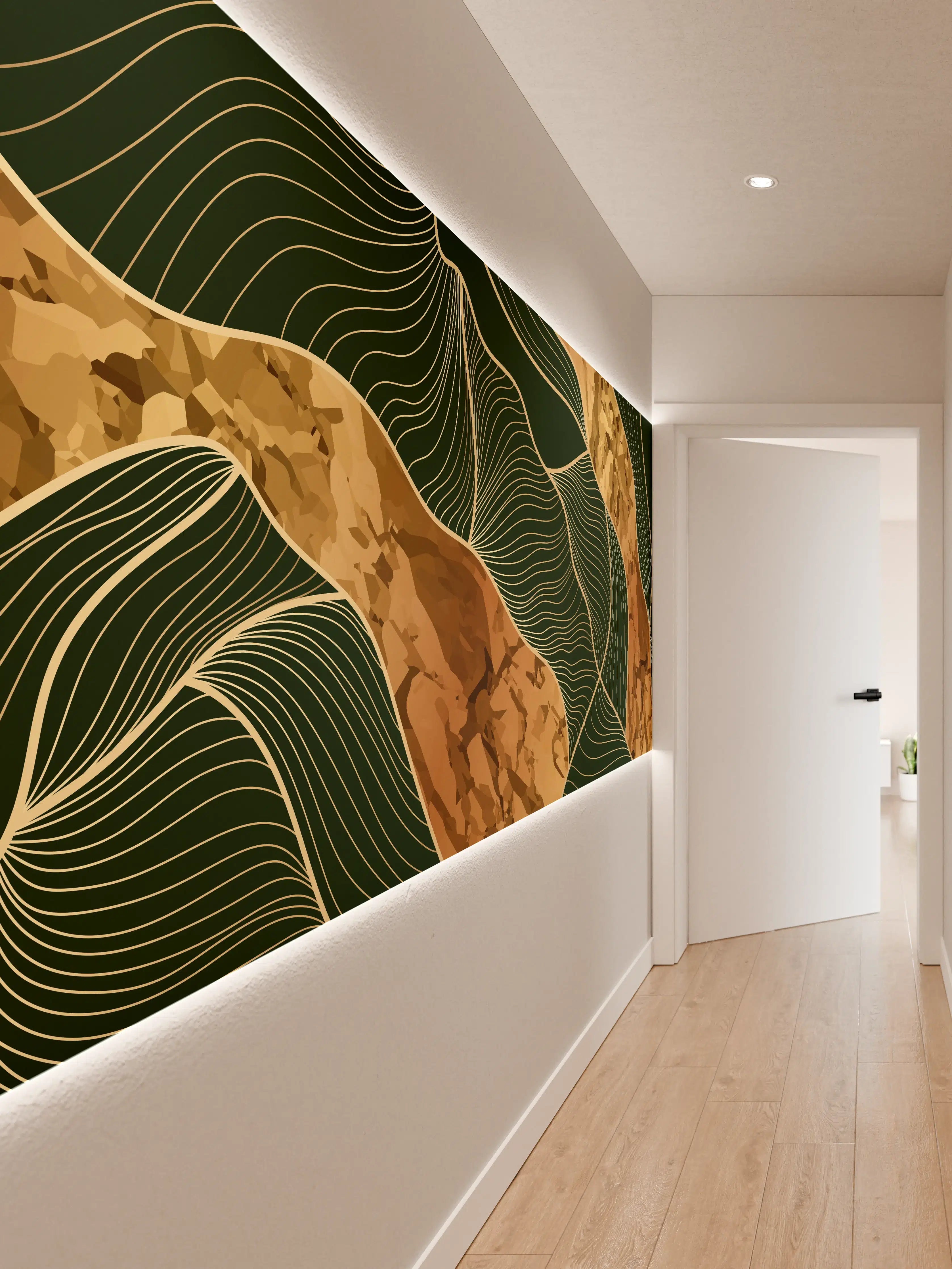 Wandverkleidung Flur - Abstrakte Goldbraun-Linien Kunst