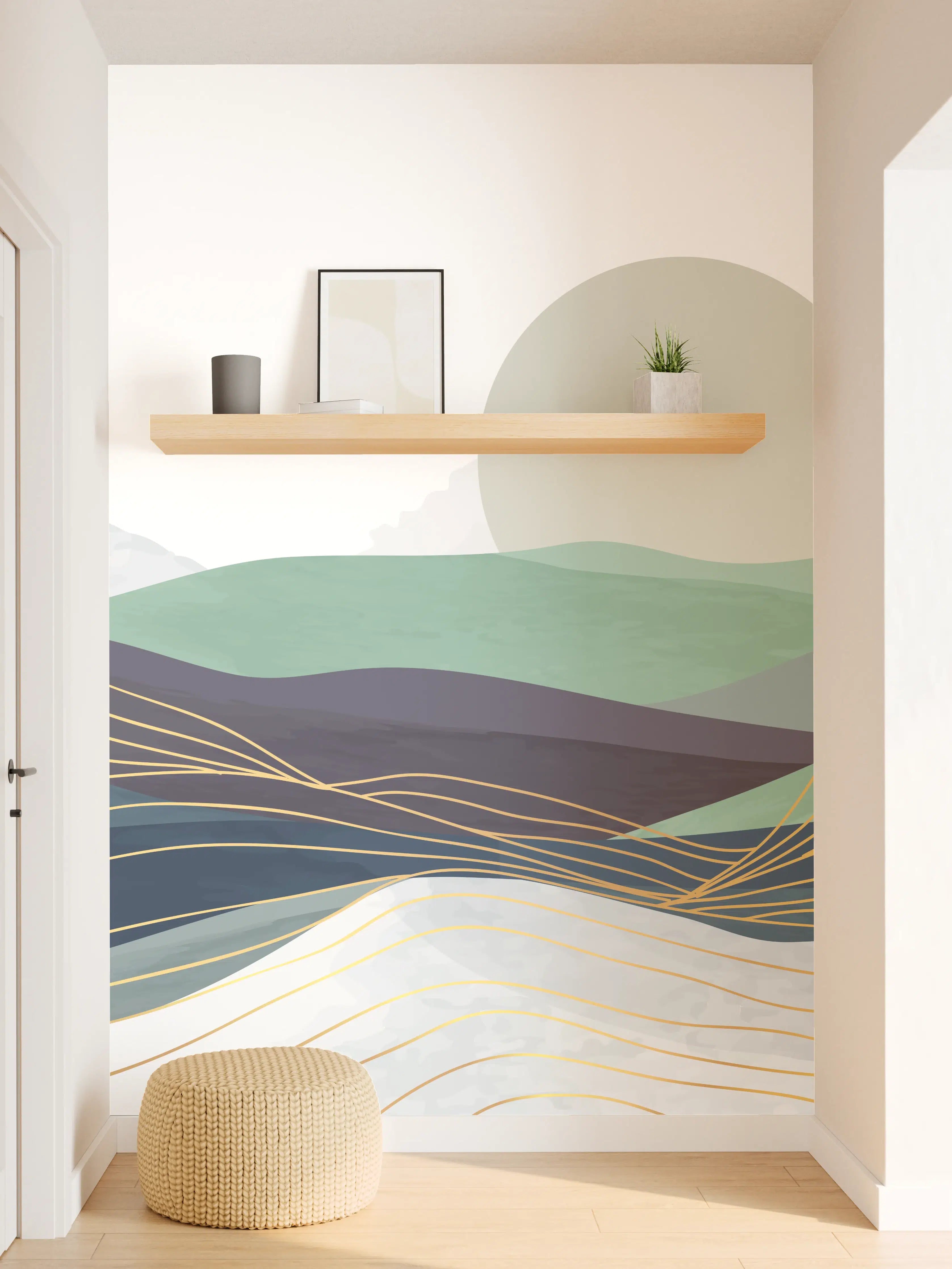 Wandverkleidung Flur - Abstrakte Hügellandschaft in Pastell