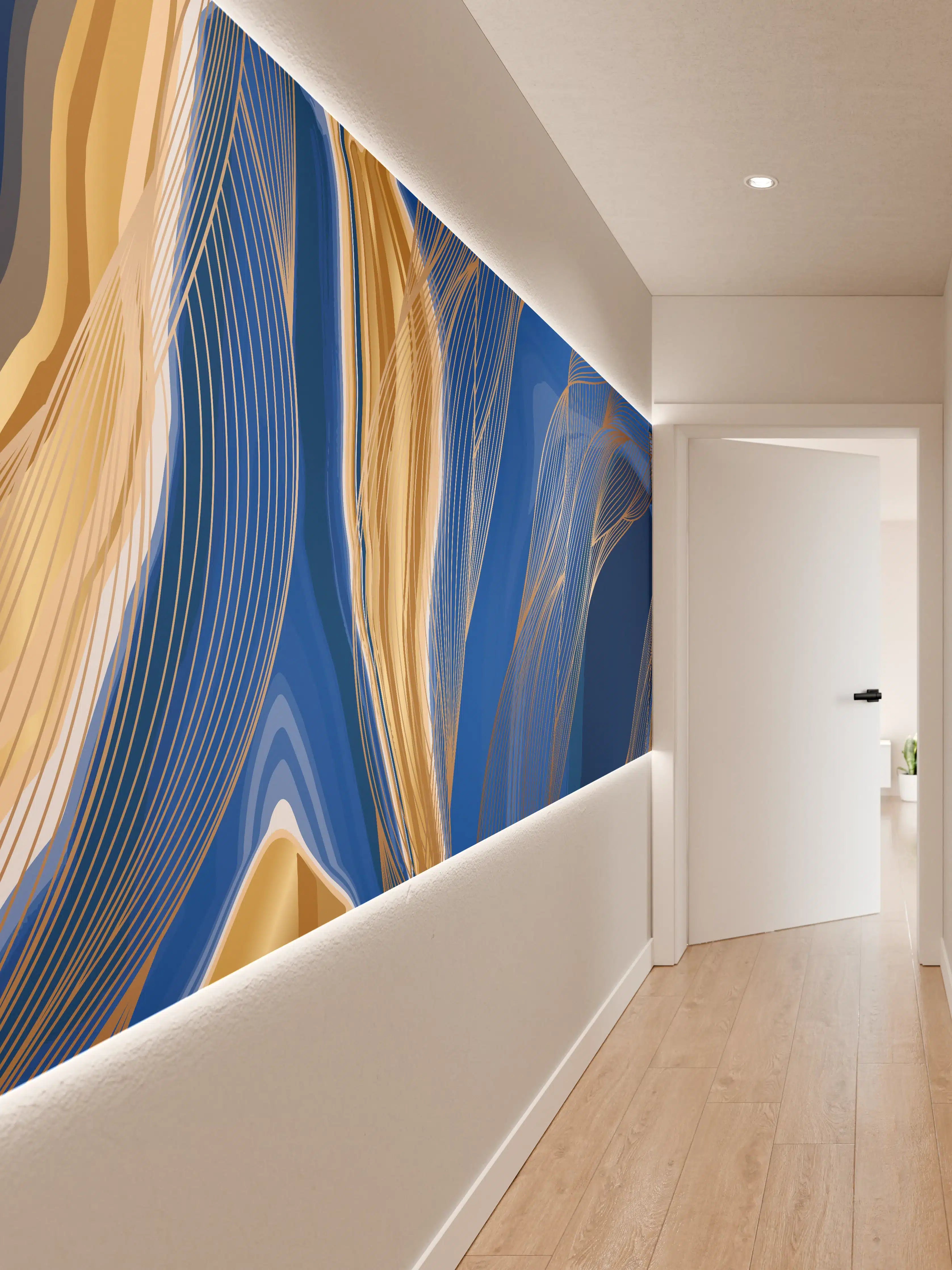 Wandverkleidung Flur - Abstrakte Linienkunst in Blau-Gold