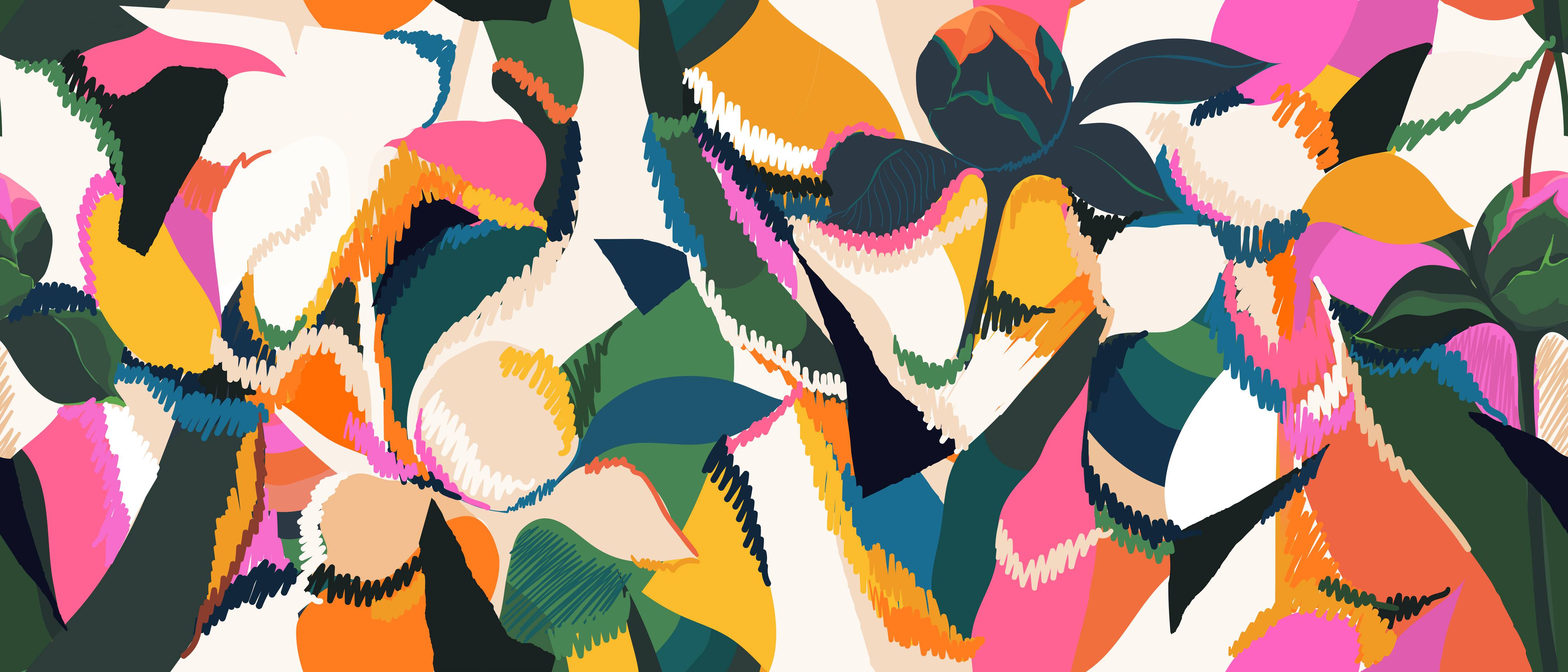 Wandverkleidung Flur-Abstrakte Tropische Blumen Pink-Orange