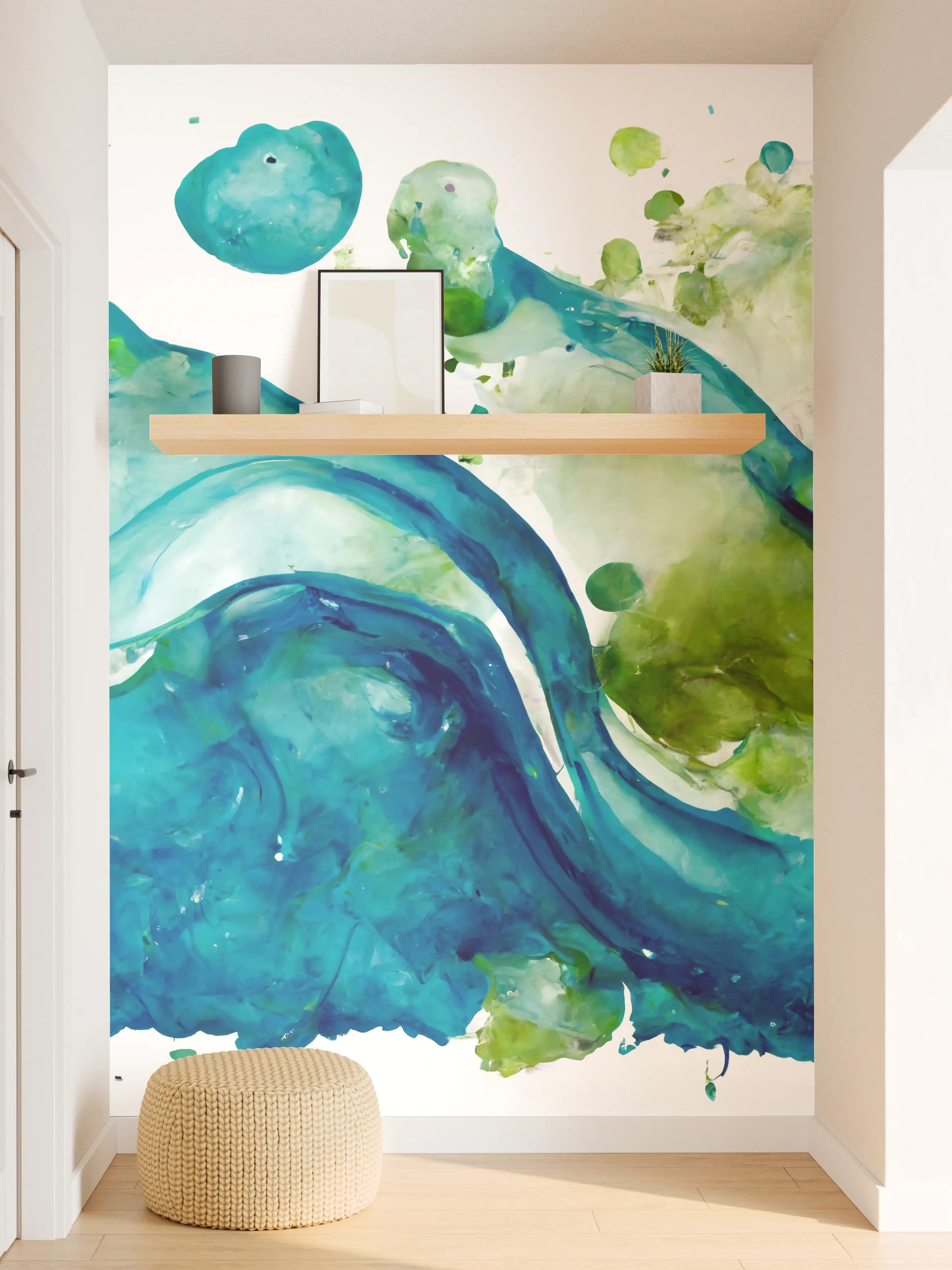 Wandverkleidung Flur - Abstrakte Wasserfarbenkunst mit Blau- und Grüntönen