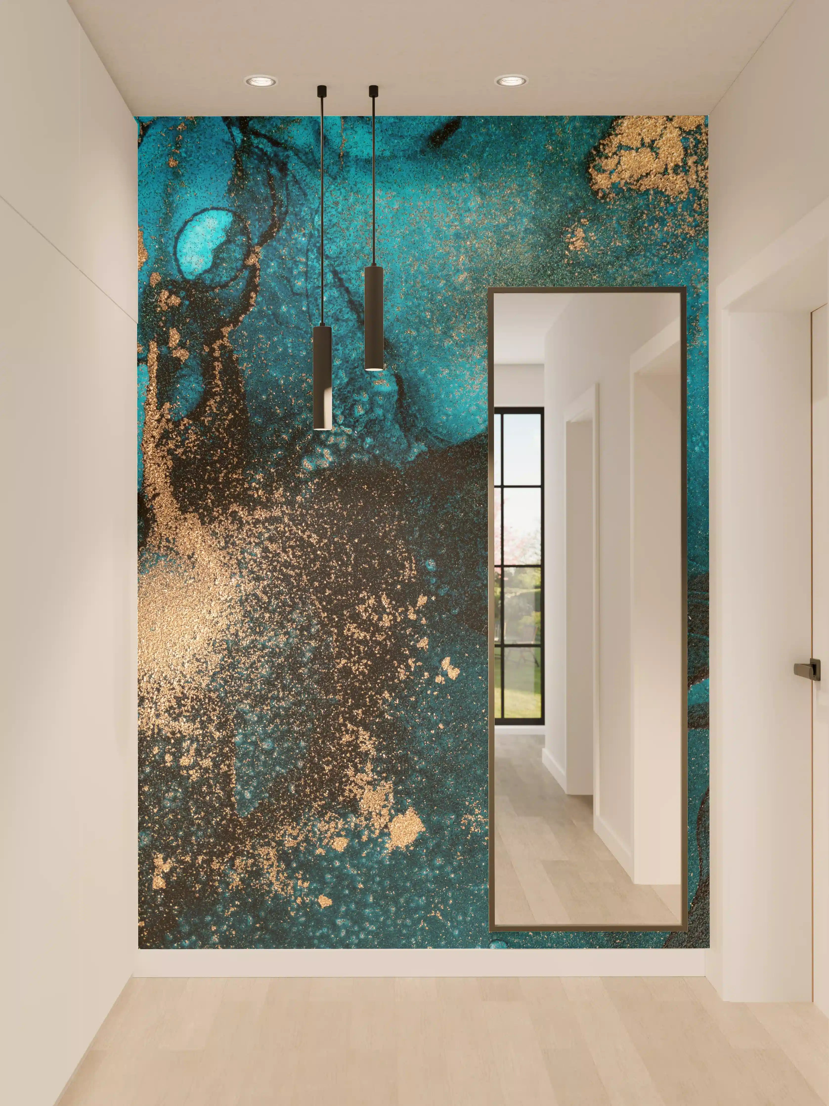 Wandverkleidung Flur - Abstraktes Aquamarin-Kunstwerk mit Goldakzenten