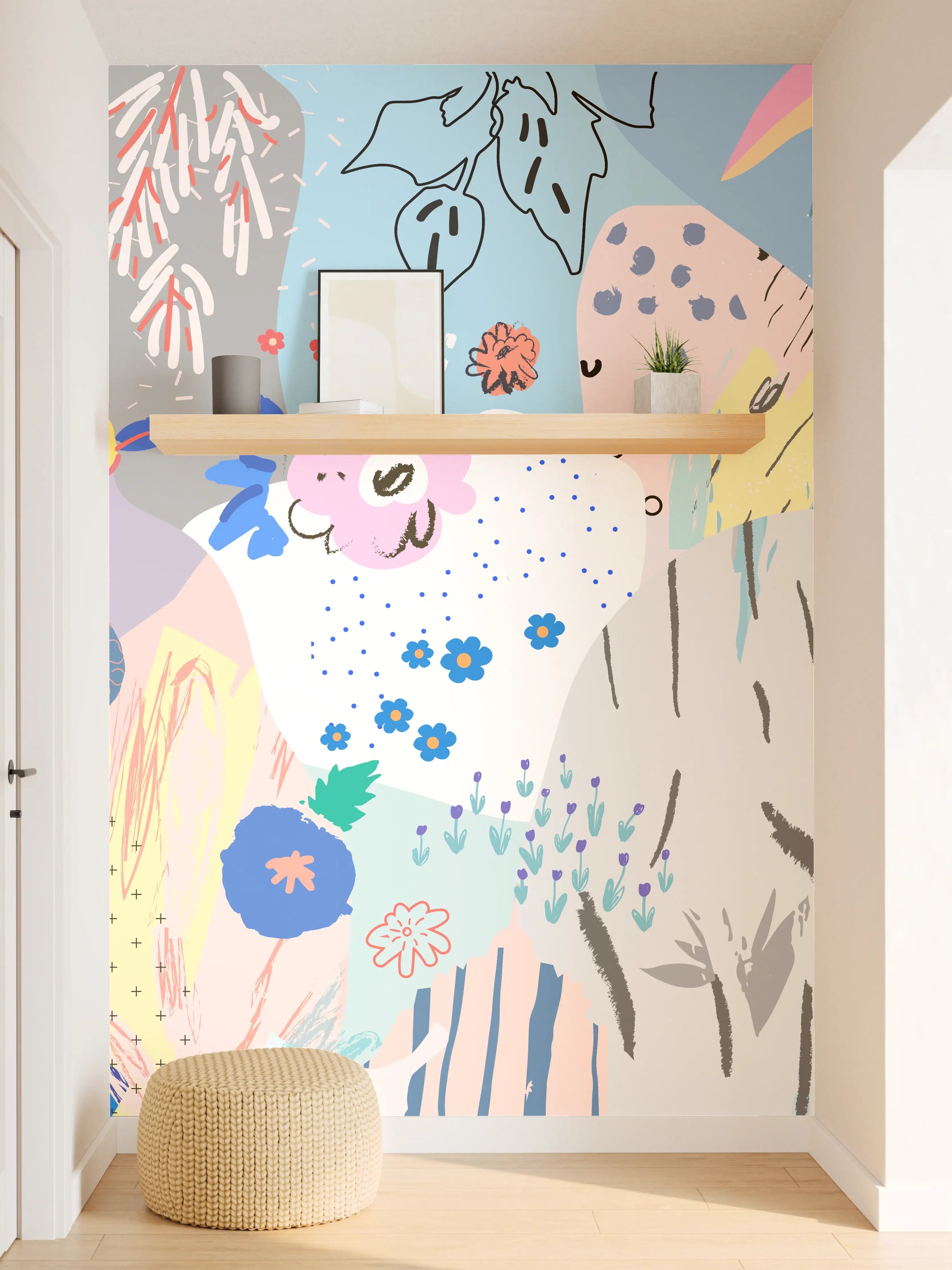 Wandverkleidung Flur - Abstraktes Blüten- und Naturmotiv in Pastellfarben