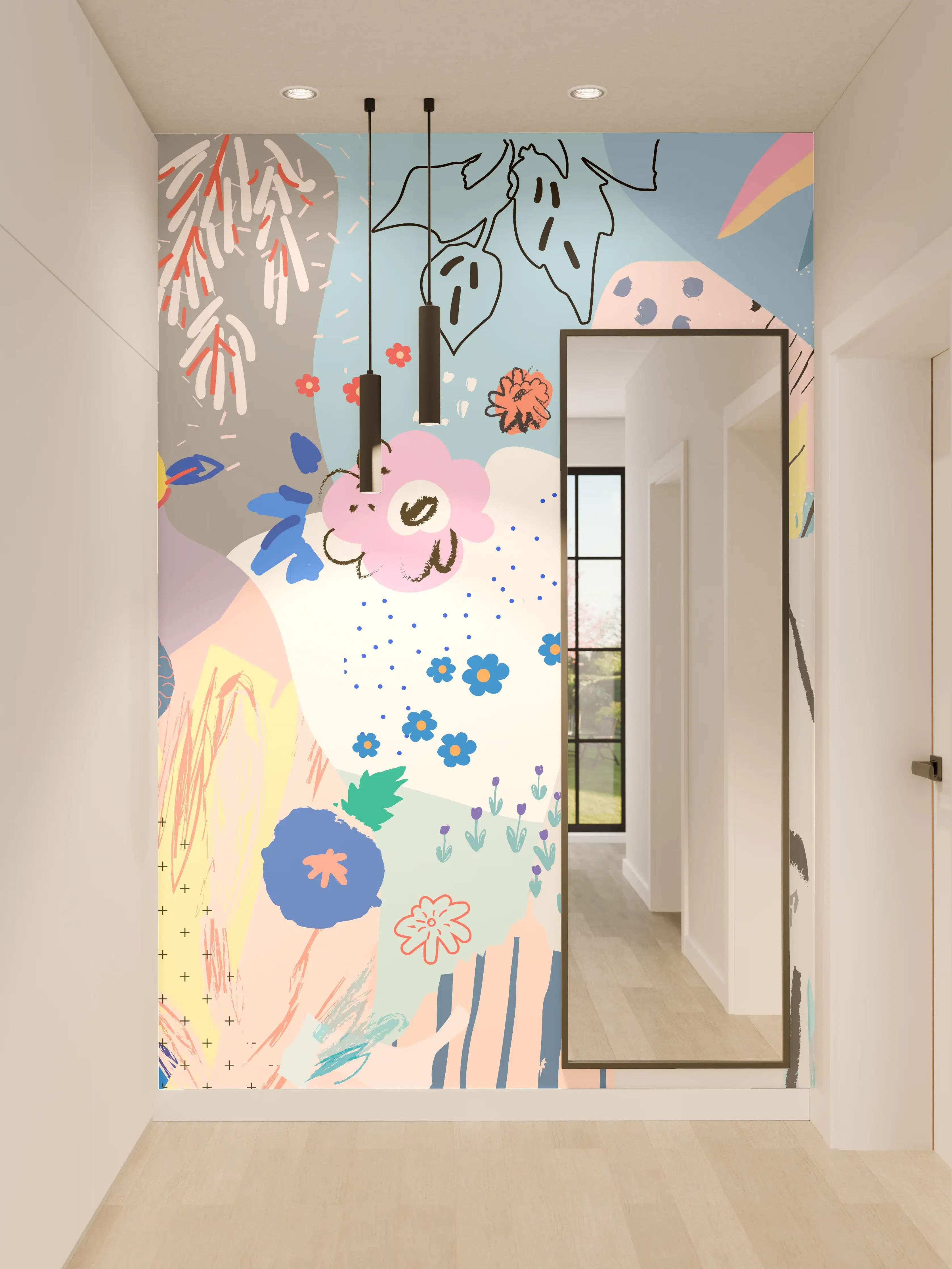 Wandverkleidung Flur - Abstraktes Blüten- und Naturmotiv in Pastellfarben