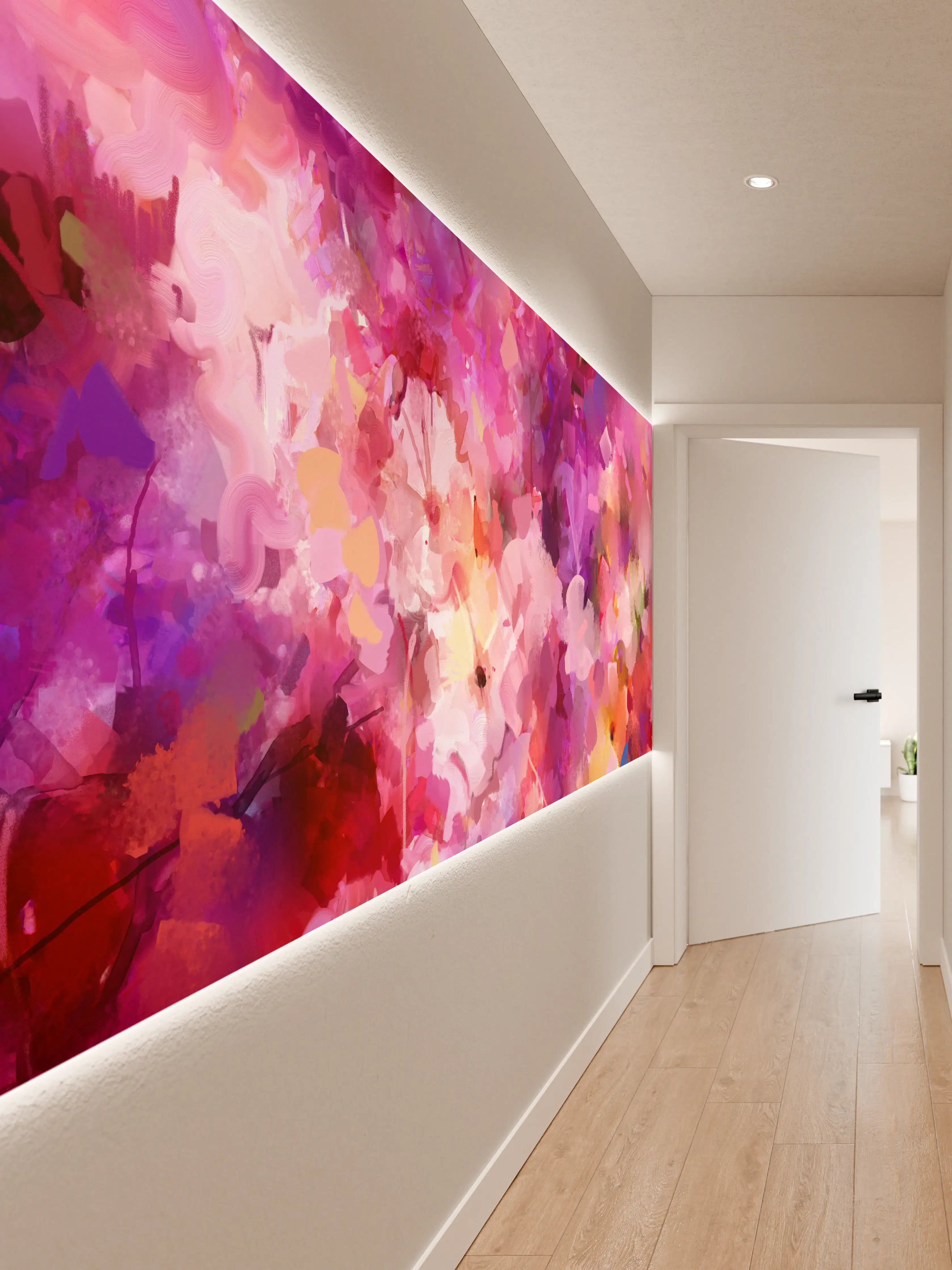 Wandverkleidung Flur - Abstraktes Blumenbild in lebhaften Pink- und Lilatönen
