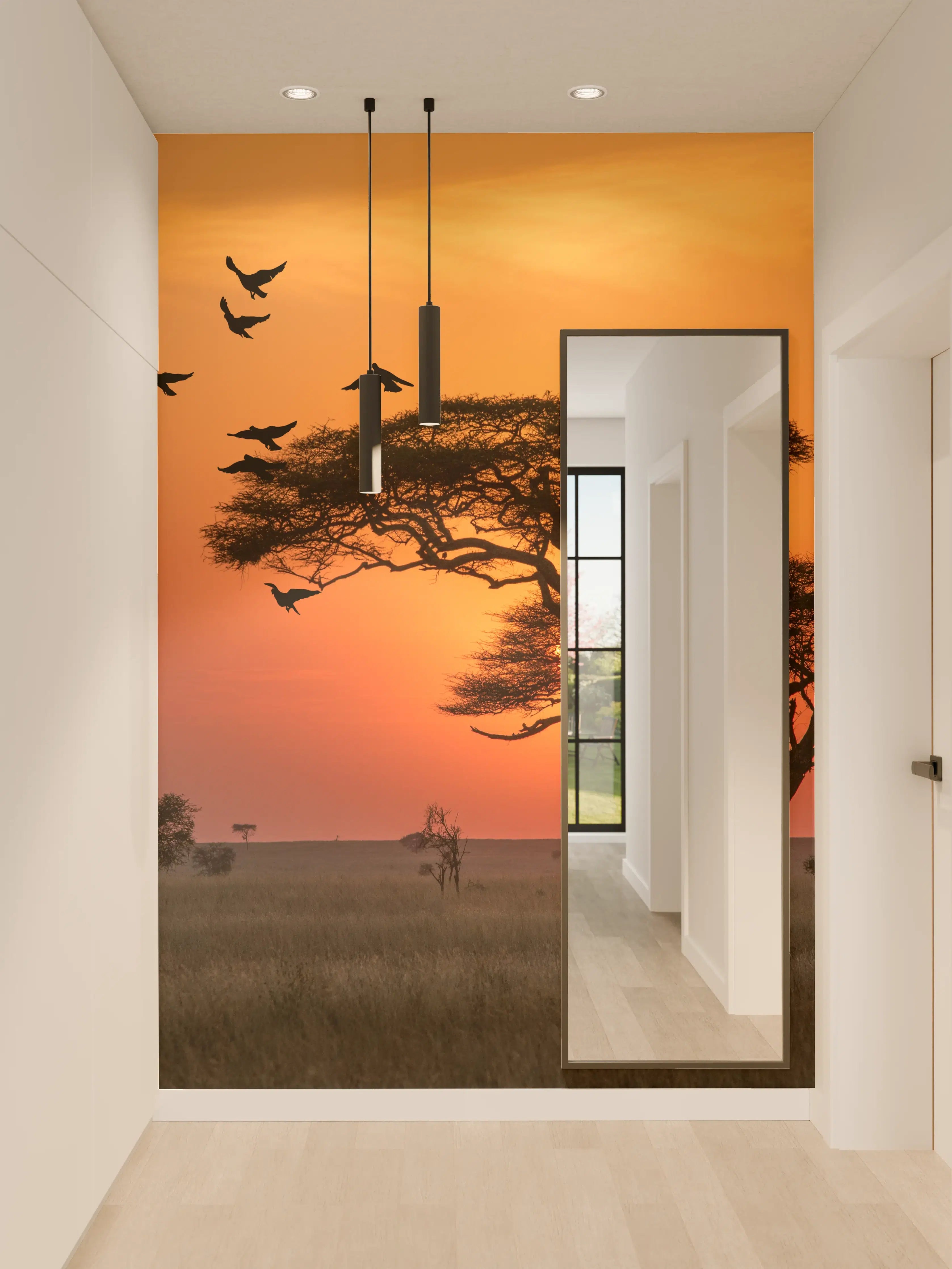 Wandverkleidung Flur - Afrikanischer Sonnenuntergang mit Baum und Vogelzug