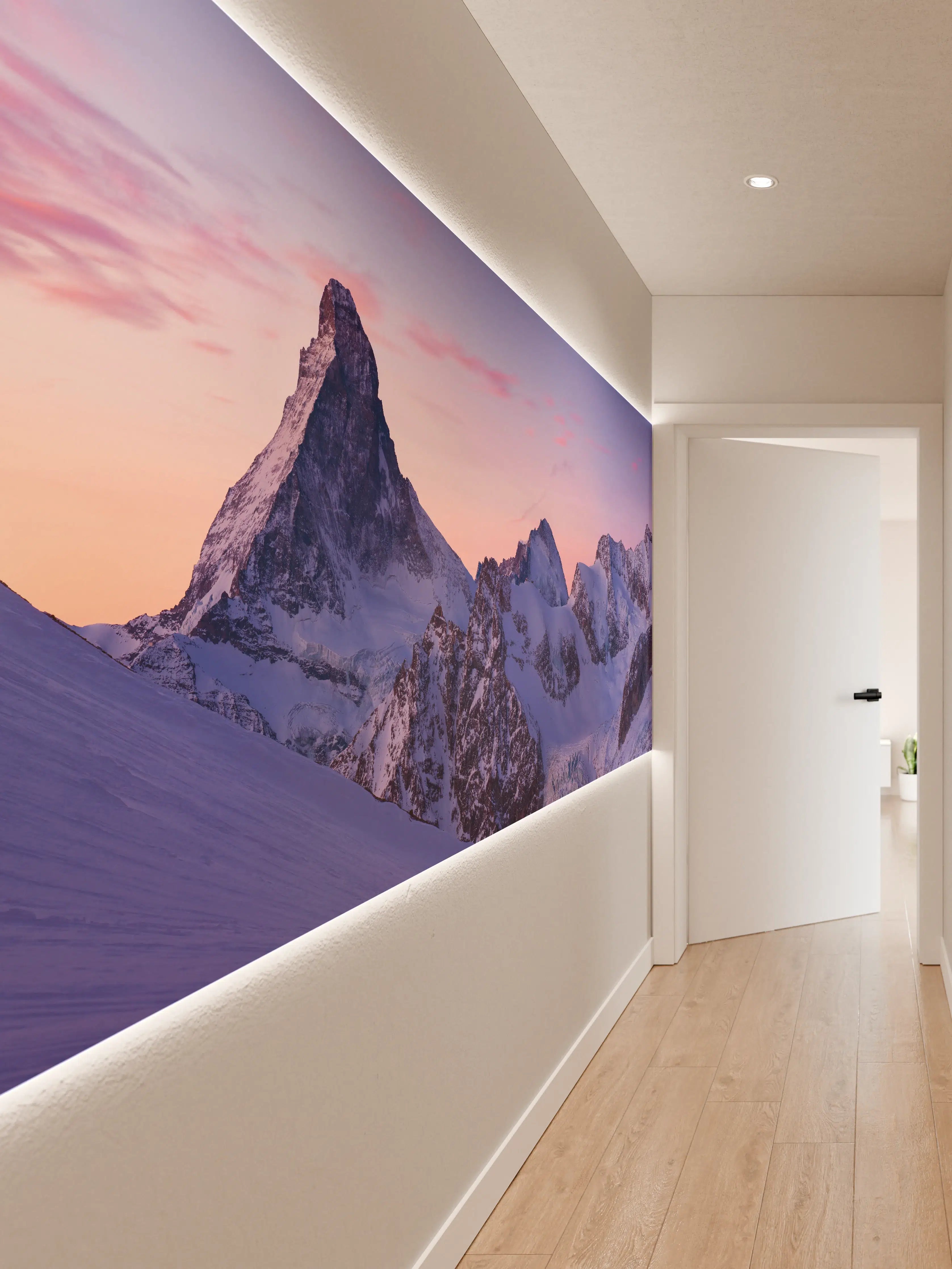 Wandverkleidung Flur - Alpenpanorama Sonnenuntergang Weiß-Rosa