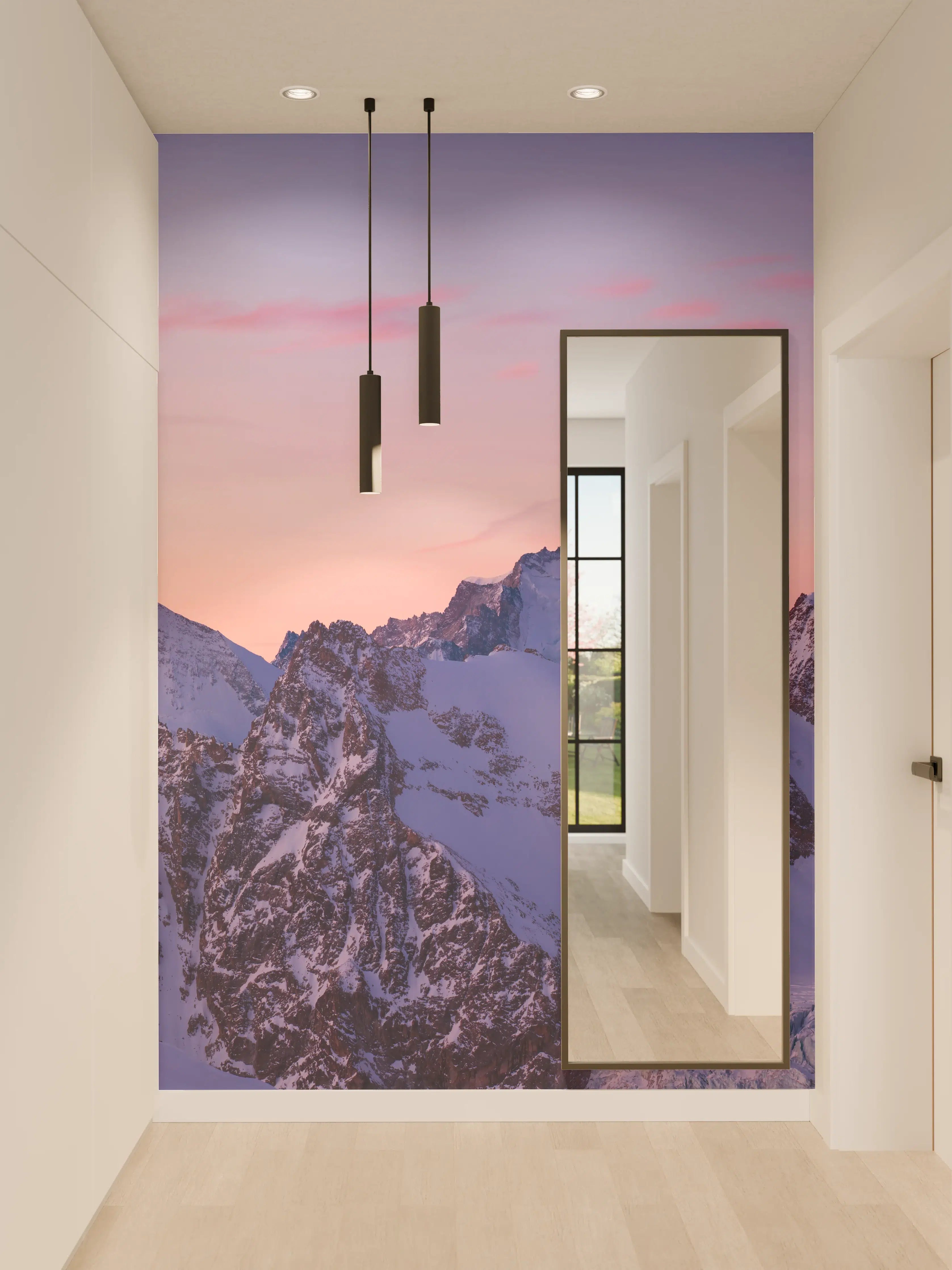 Wandverkleidung Flur - Alpenpanorama Sonnenuntergang Weiß-Rosa