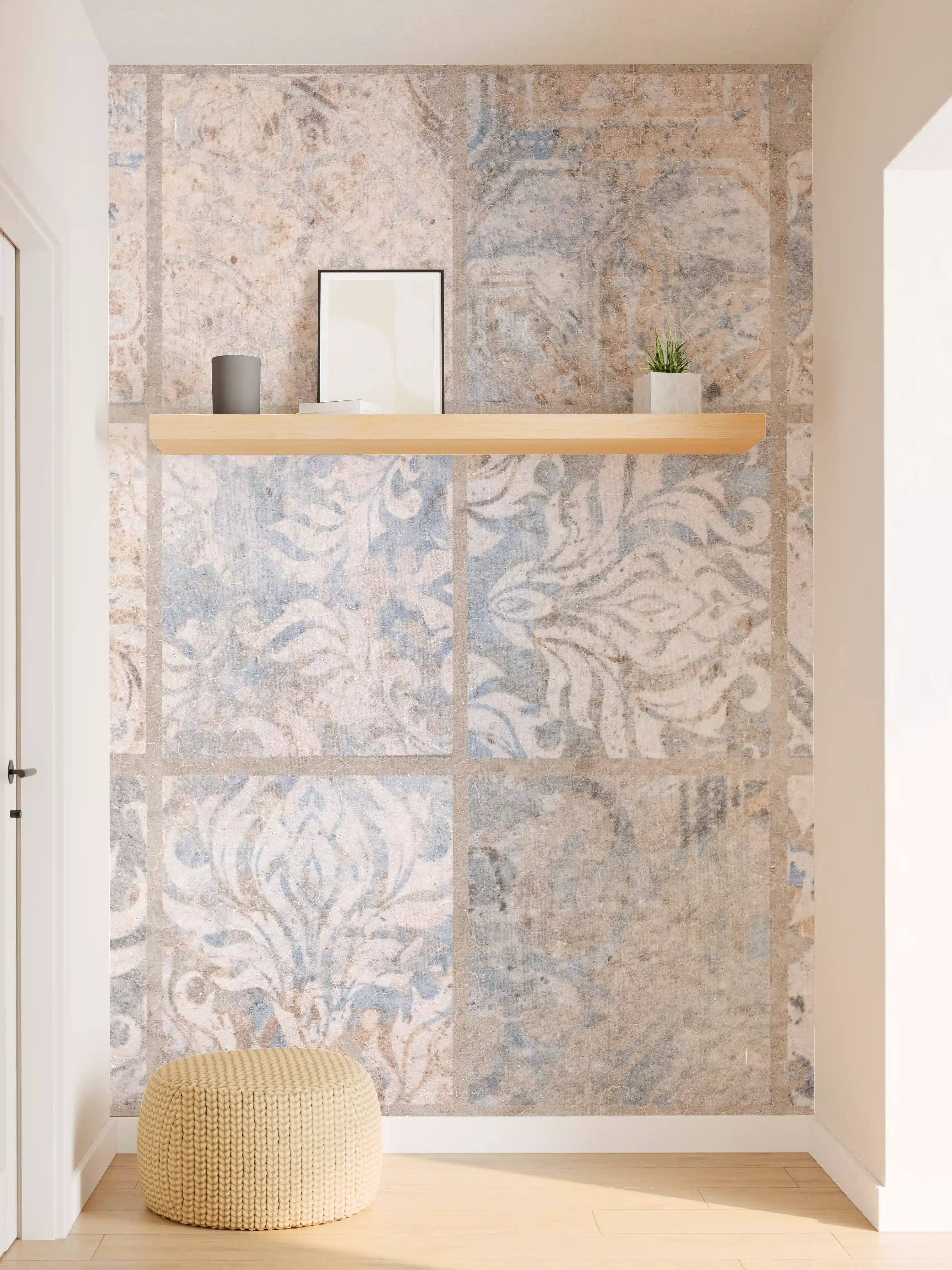 Wandverkleidung Flur - Altes blau-braun Patchwork Motiv