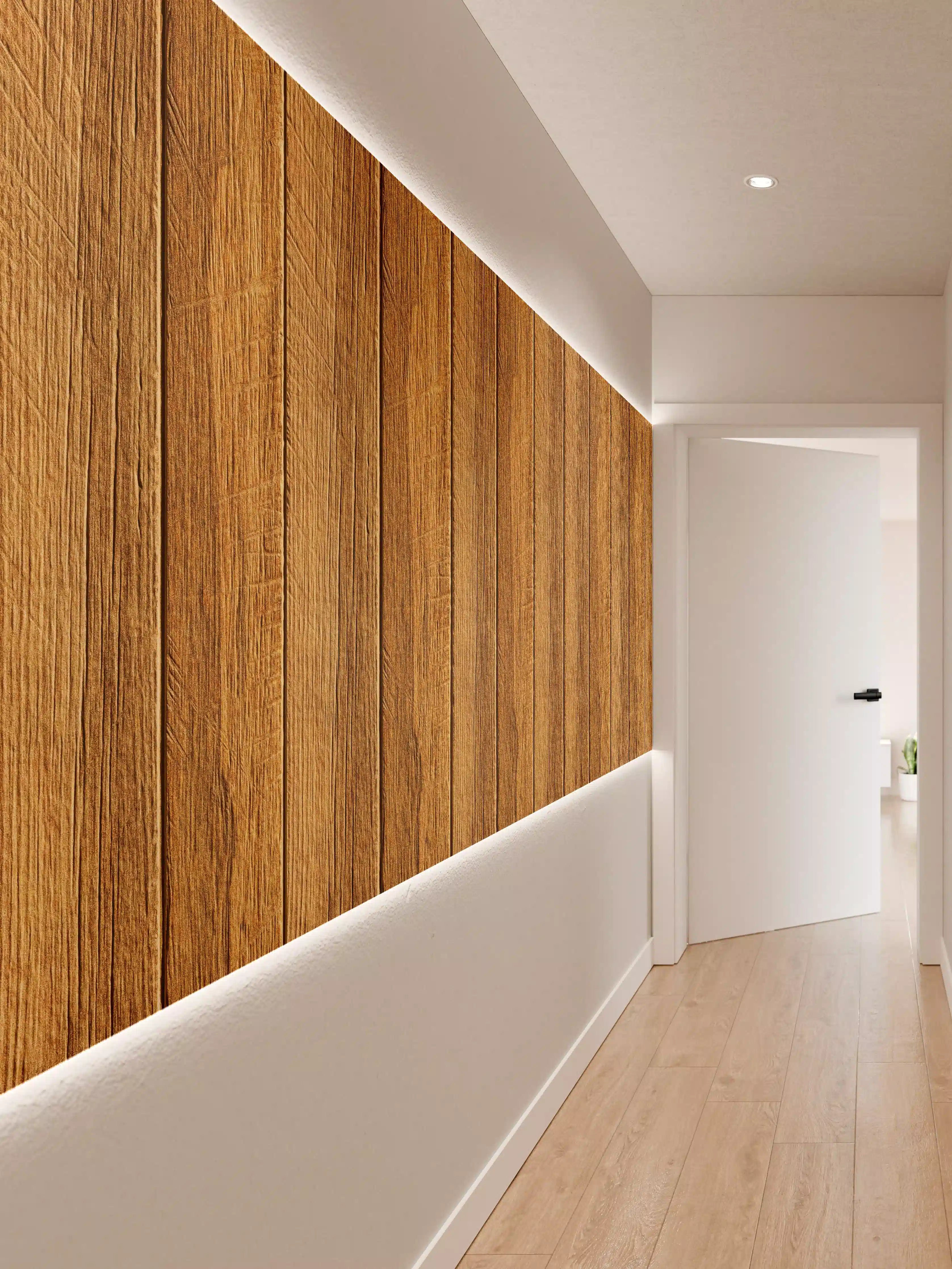 Wandverkleidung Flur - Aneinandergereihte braune Holzplanken