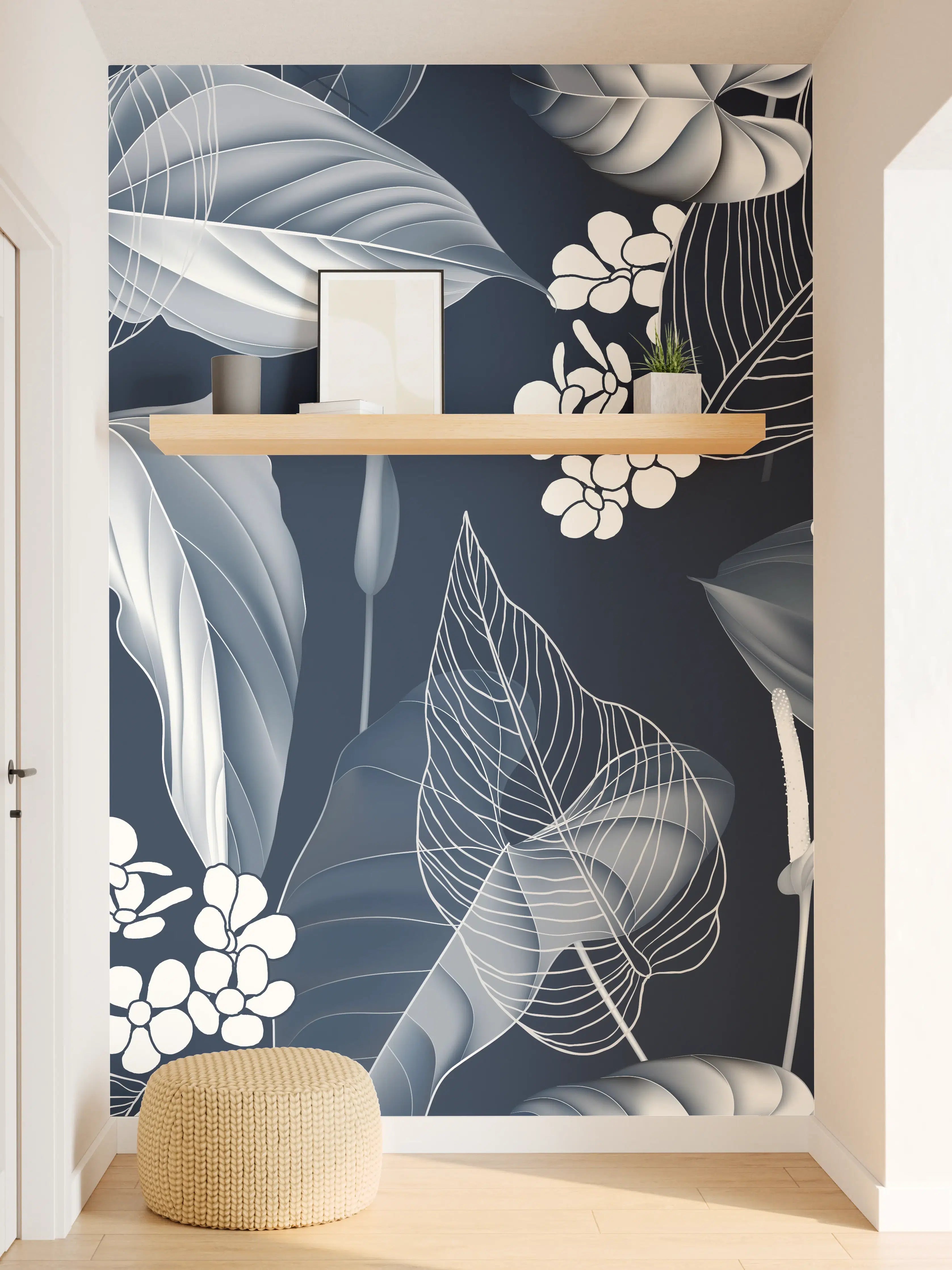 Wandverkleidung Flur - Anthurium Blumen Dunkelblau Muster