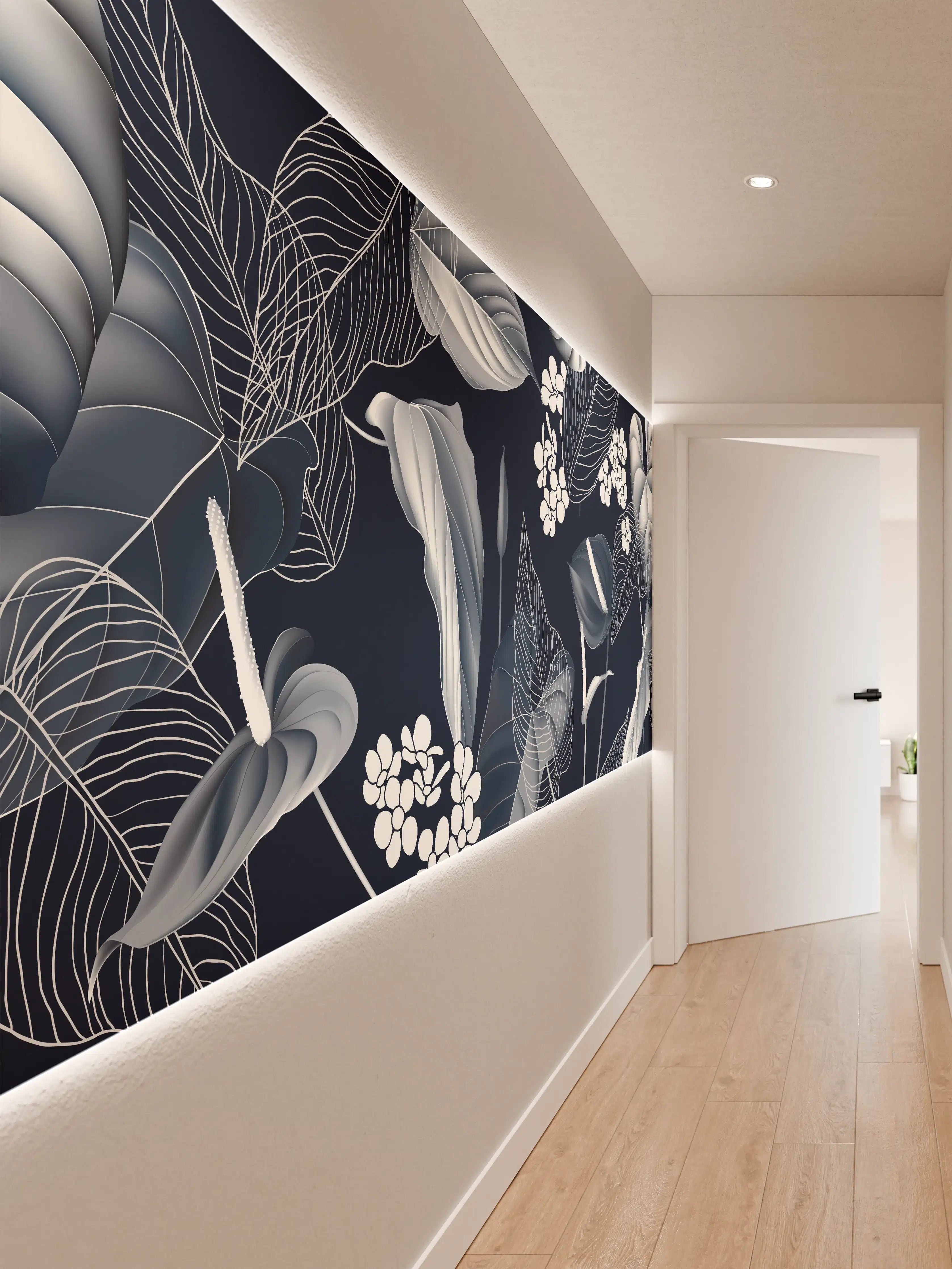 Wandverkleidung Flur - Anthurium Blumen Dunkelblau Muster