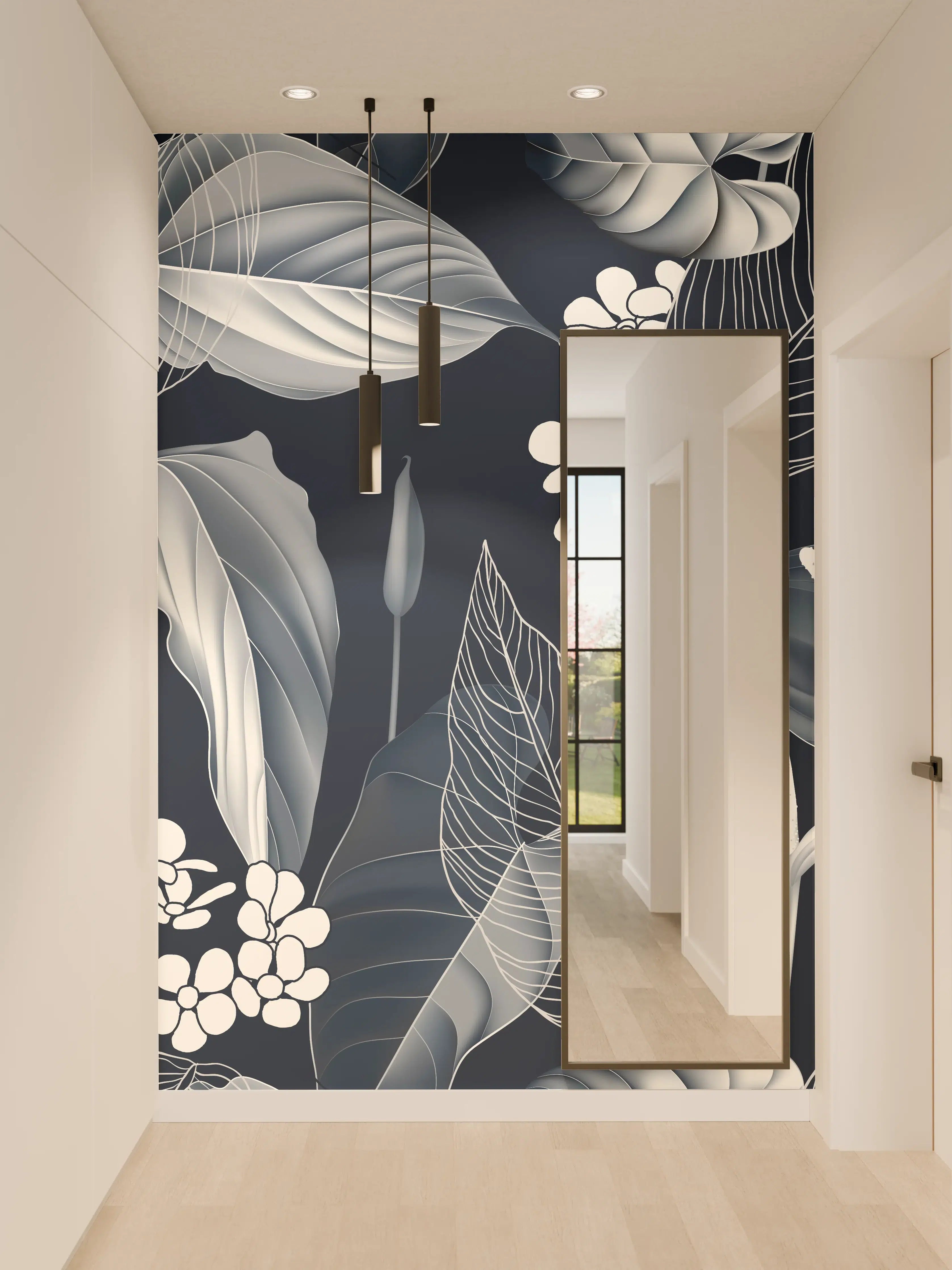 Wandverkleidung Flur - Anthurium Blumen Dunkelblau Muster