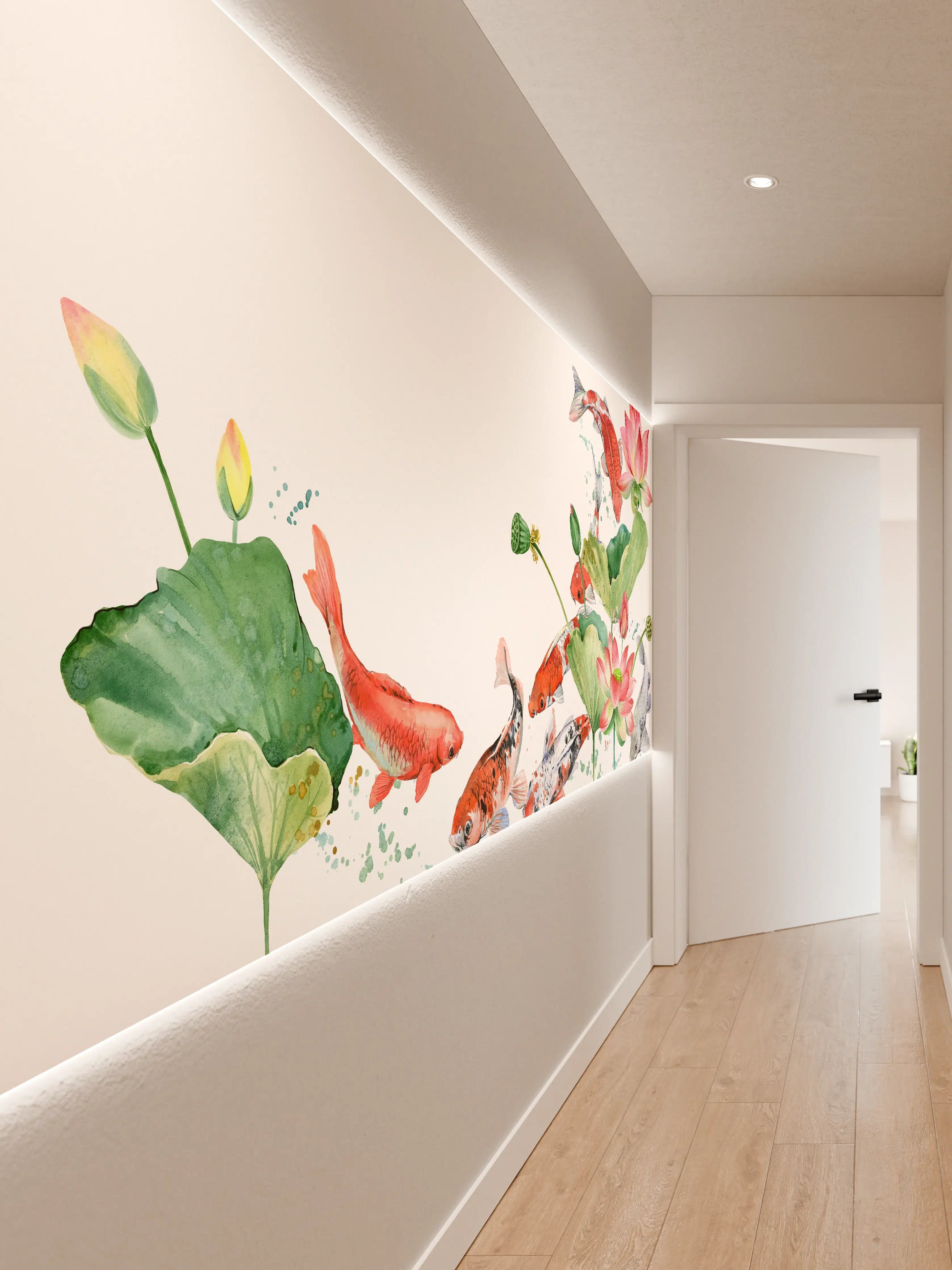 Wandverkleidung Flur - Aquarell Koi Karpfen und Lotusblume