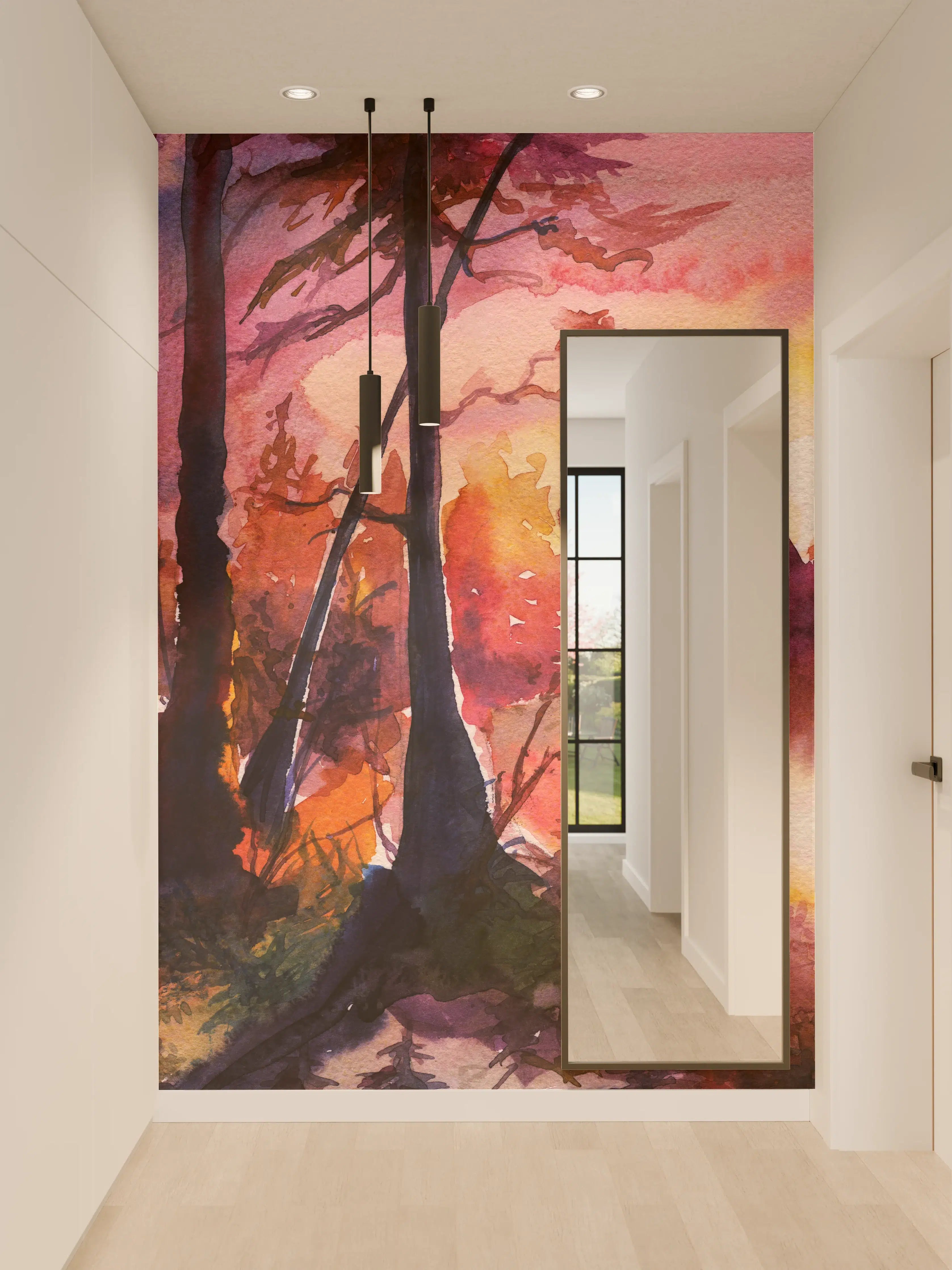 Wandverkleidung Flur - Aquarell Waldlandschaft Malerei