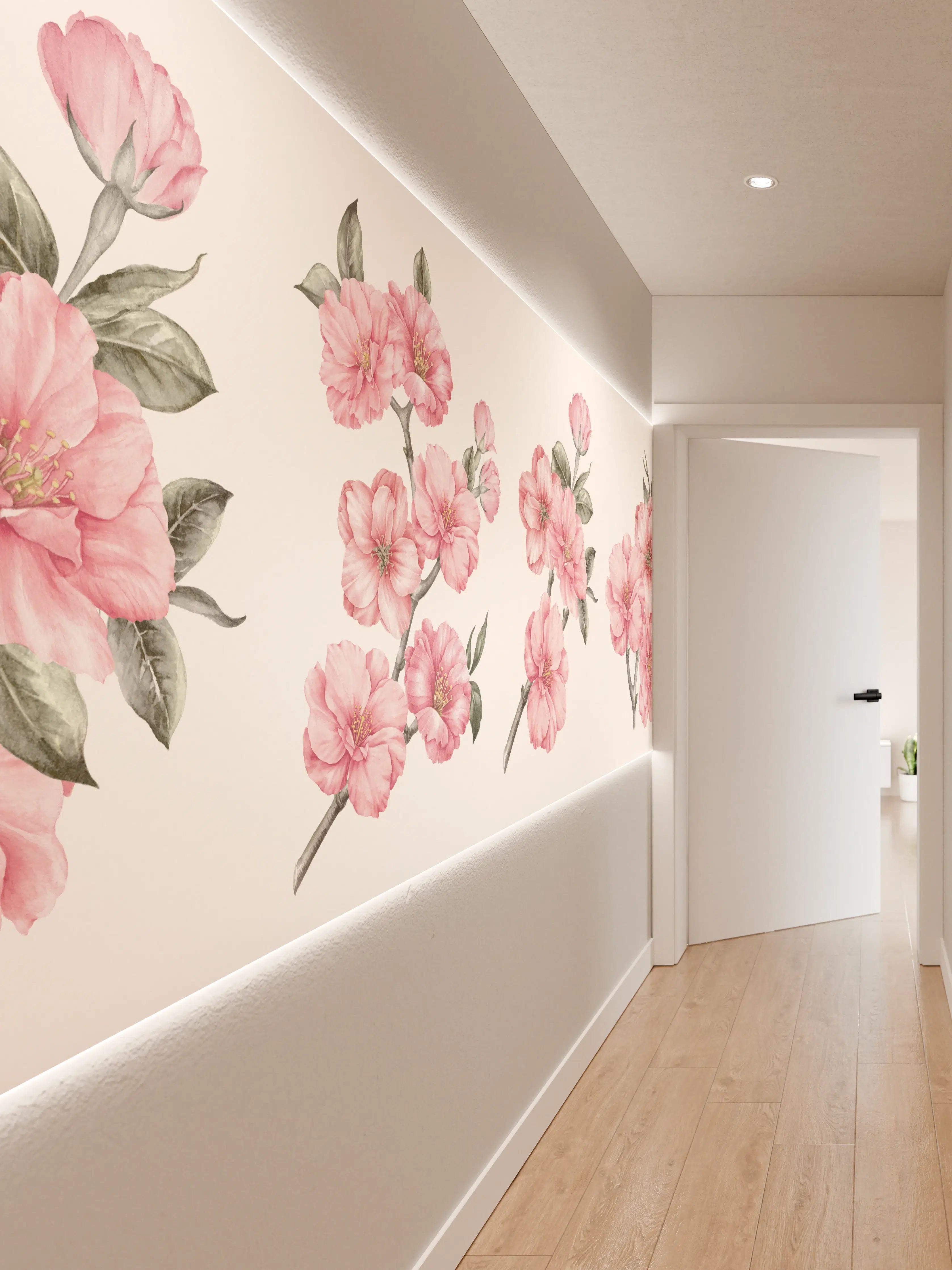 Wandverkleidung Flur - Aquarellelemente von blühenden Sakura