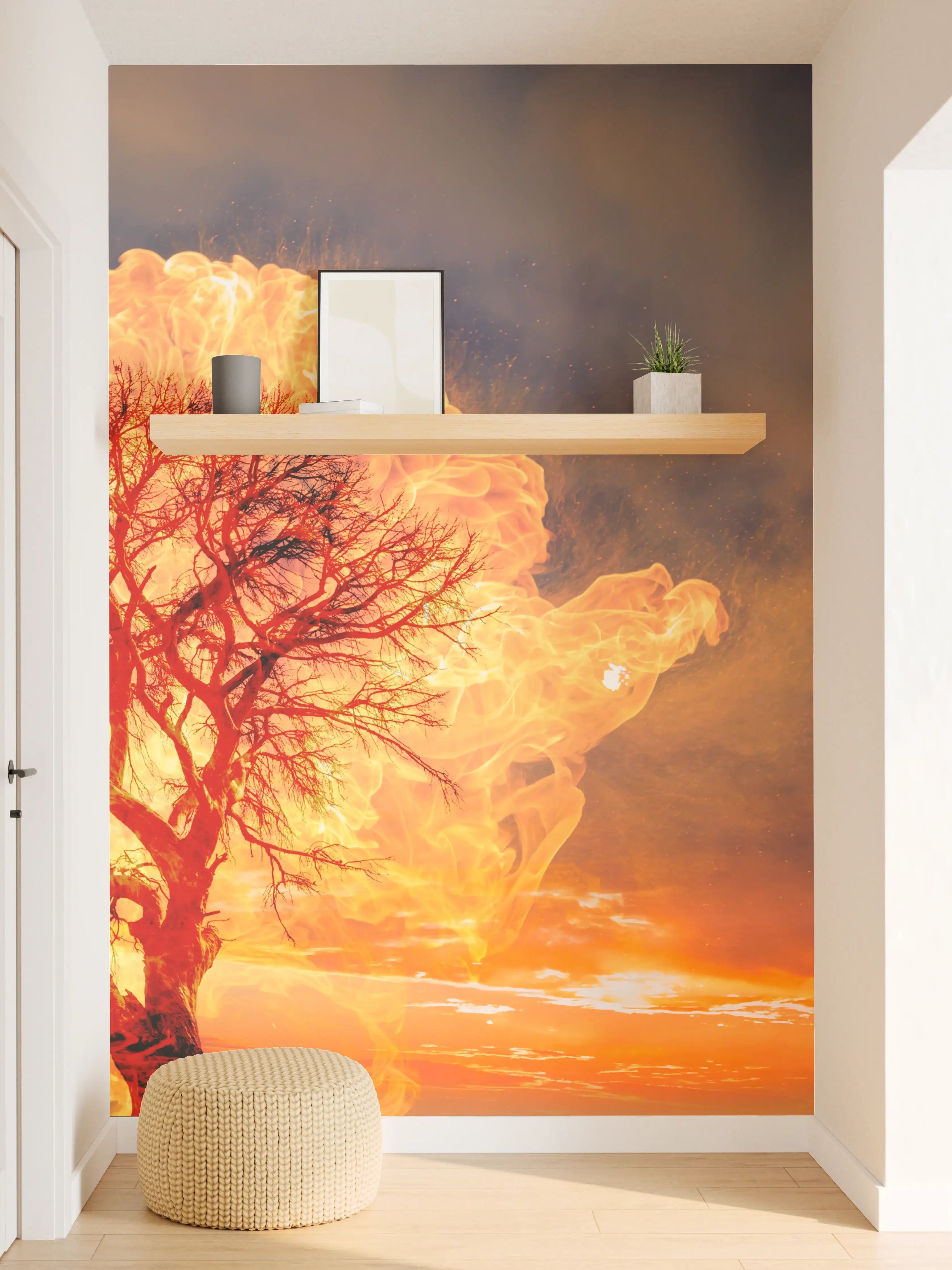 Wandverkleidung Flur - Beeindruckender Sonnenuntergang mit Baum in Flammenoptik