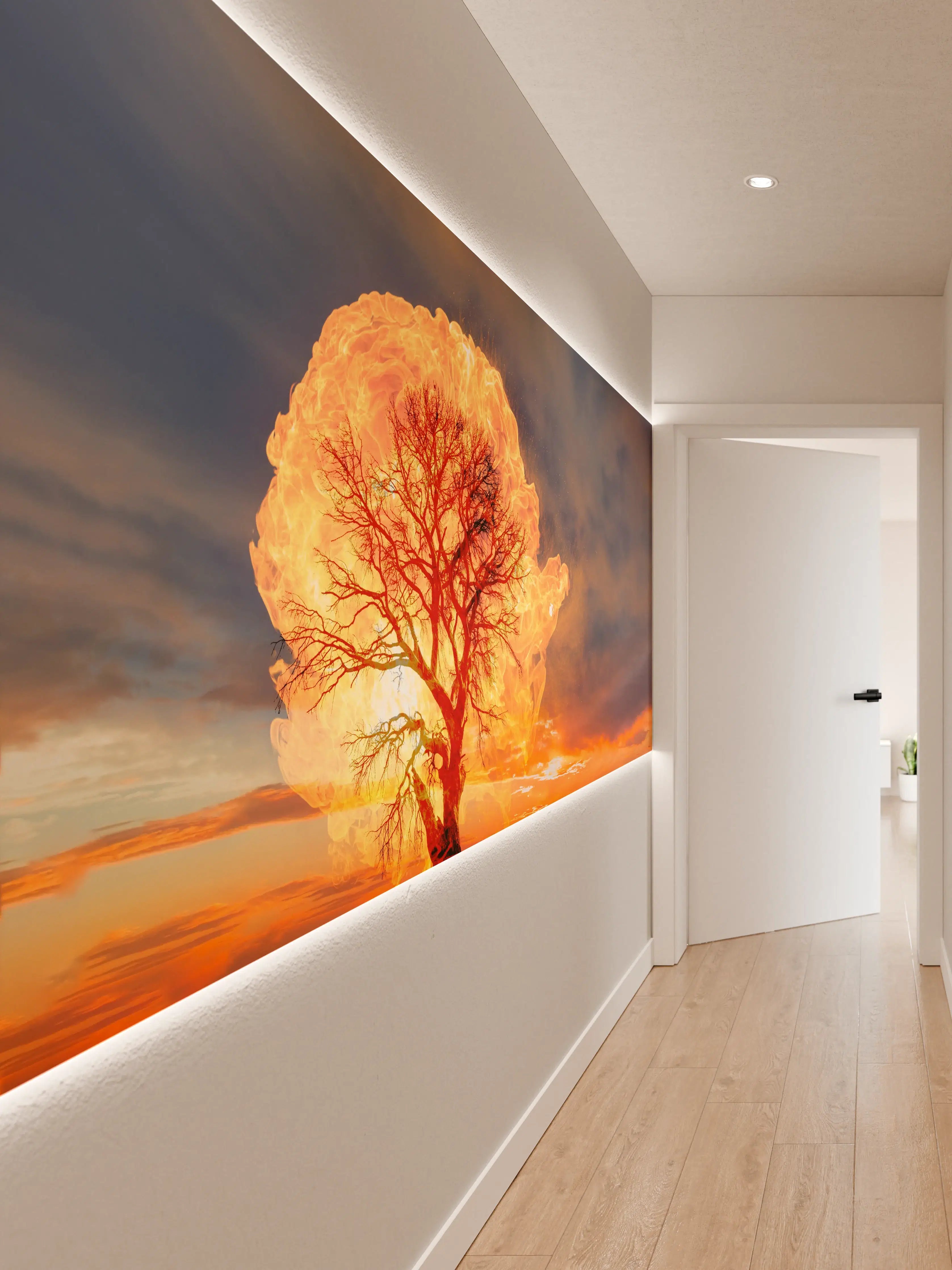 Wandverkleidung Flur - Beeindruckender Sonnenuntergang mit Baum in Flammenoptik
