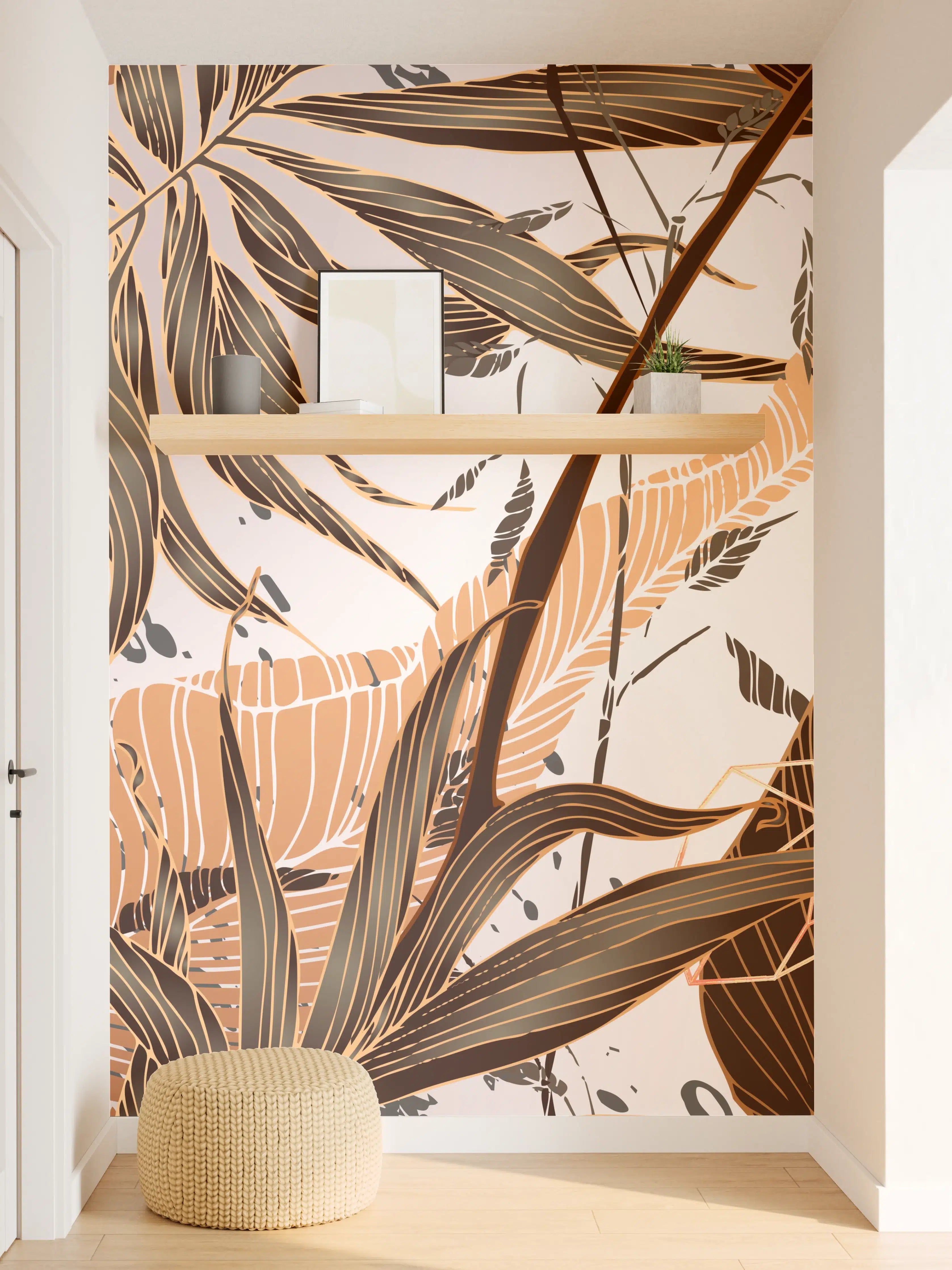 Wandverkleidung Flur - Beige Blattmuster Tapete