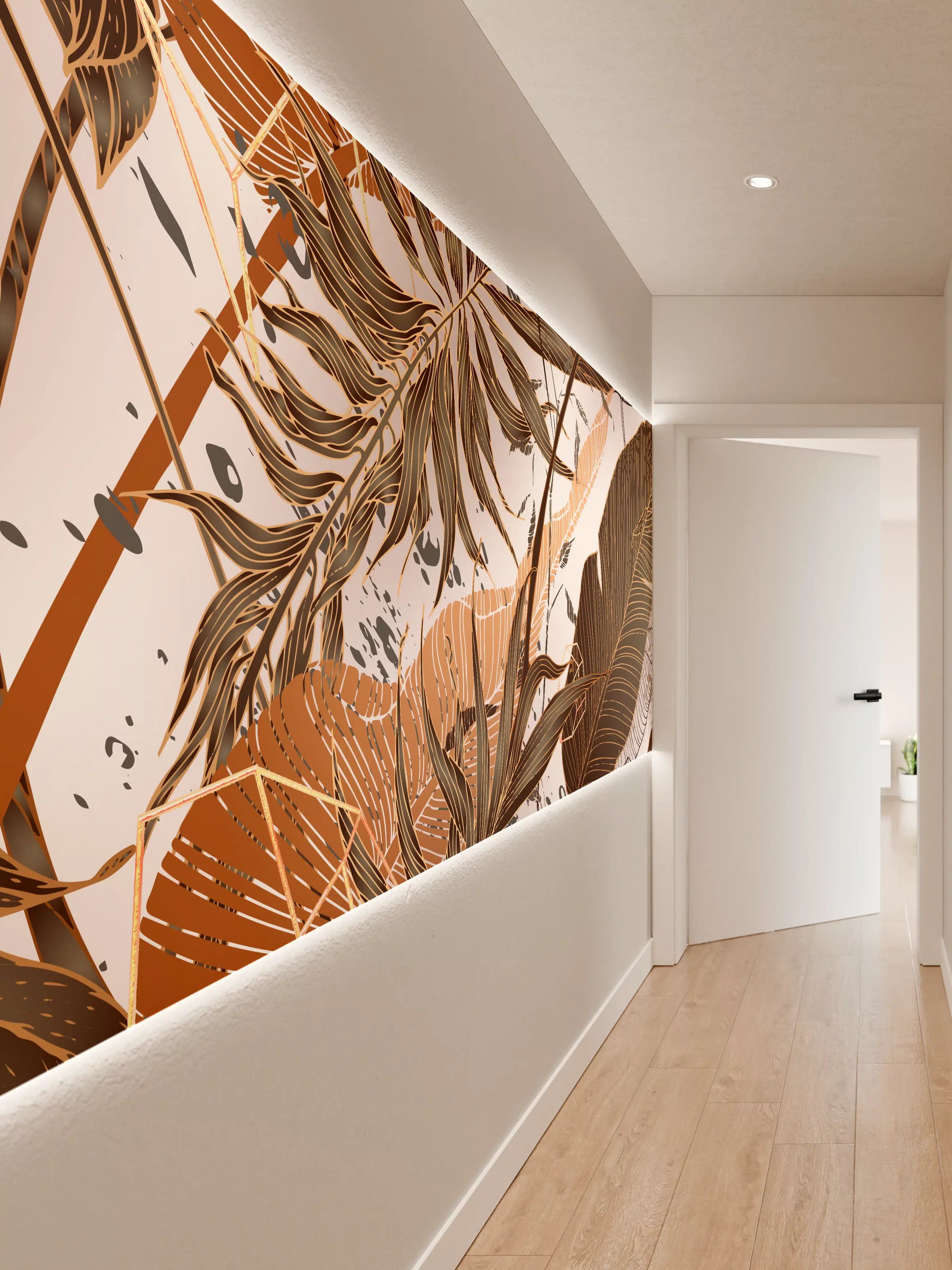 Wandverkleidung Flur - Beige Blattmuster Tapete