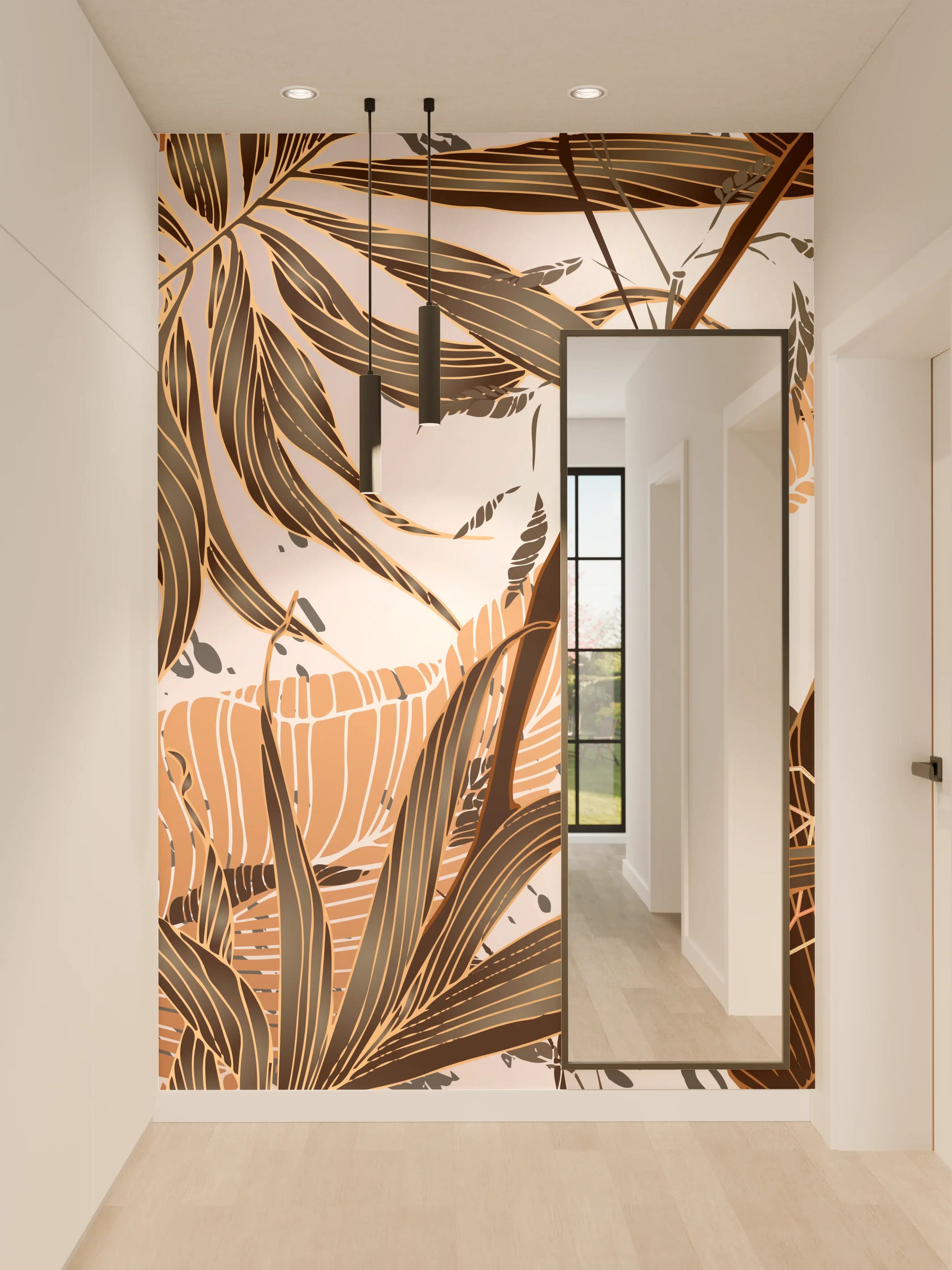 Wandverkleidung Flur - Beige Blattmuster Tapete