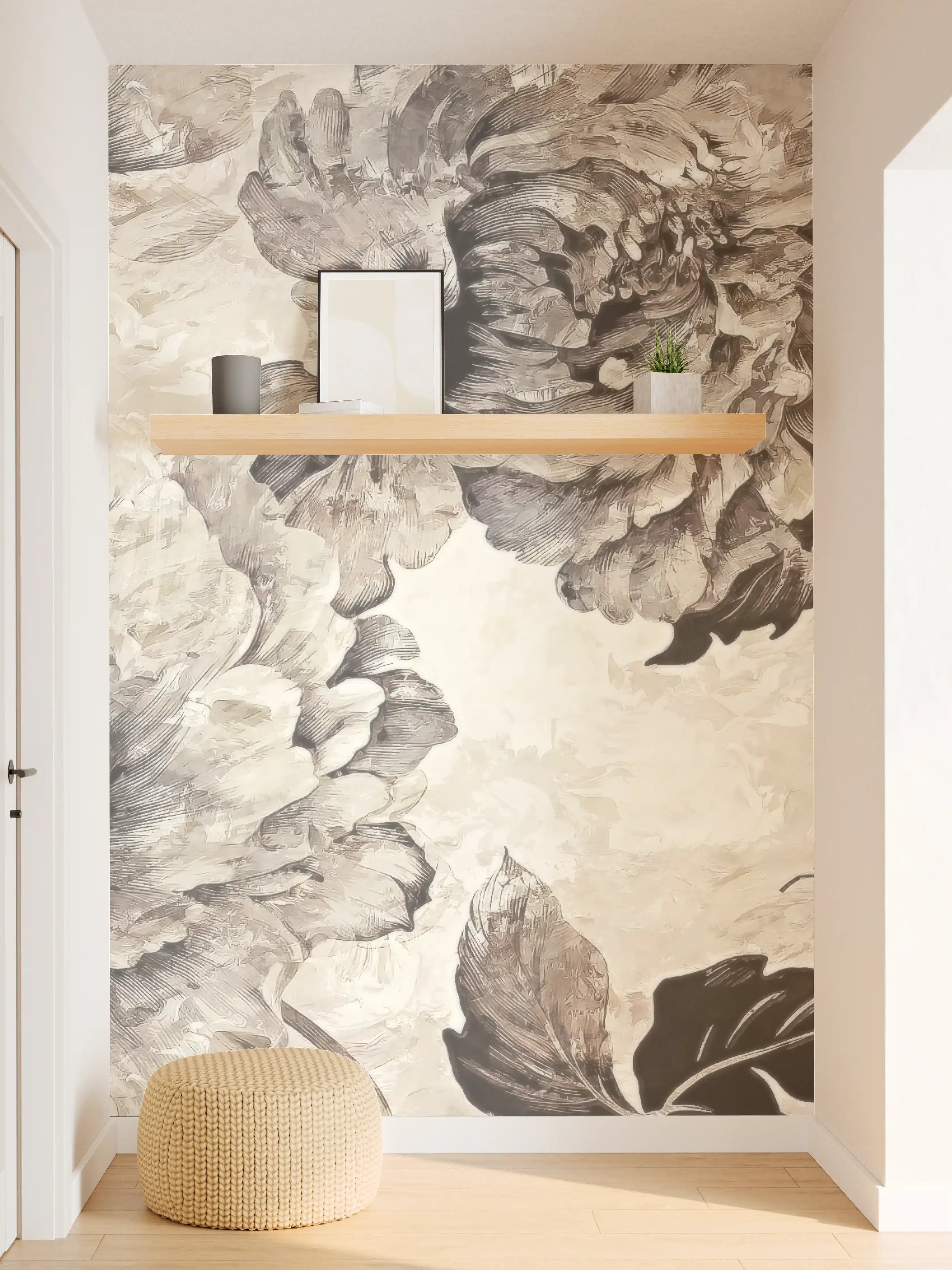Wandverkleidung Flur - Beige Blumenpanorama Kunstwerk