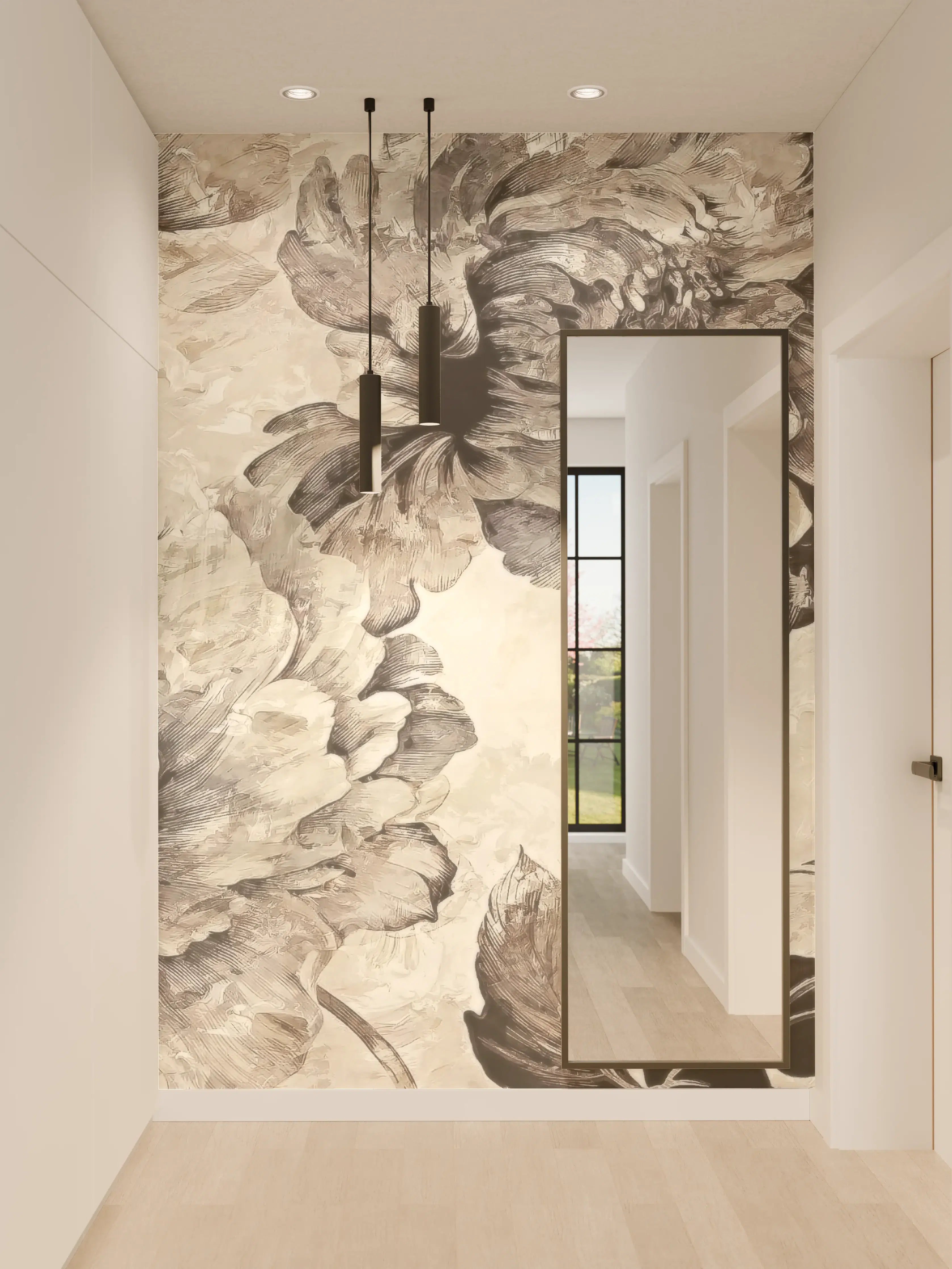 Wandverkleidung Flur - Beige Blumenpanorama Kunstwerk