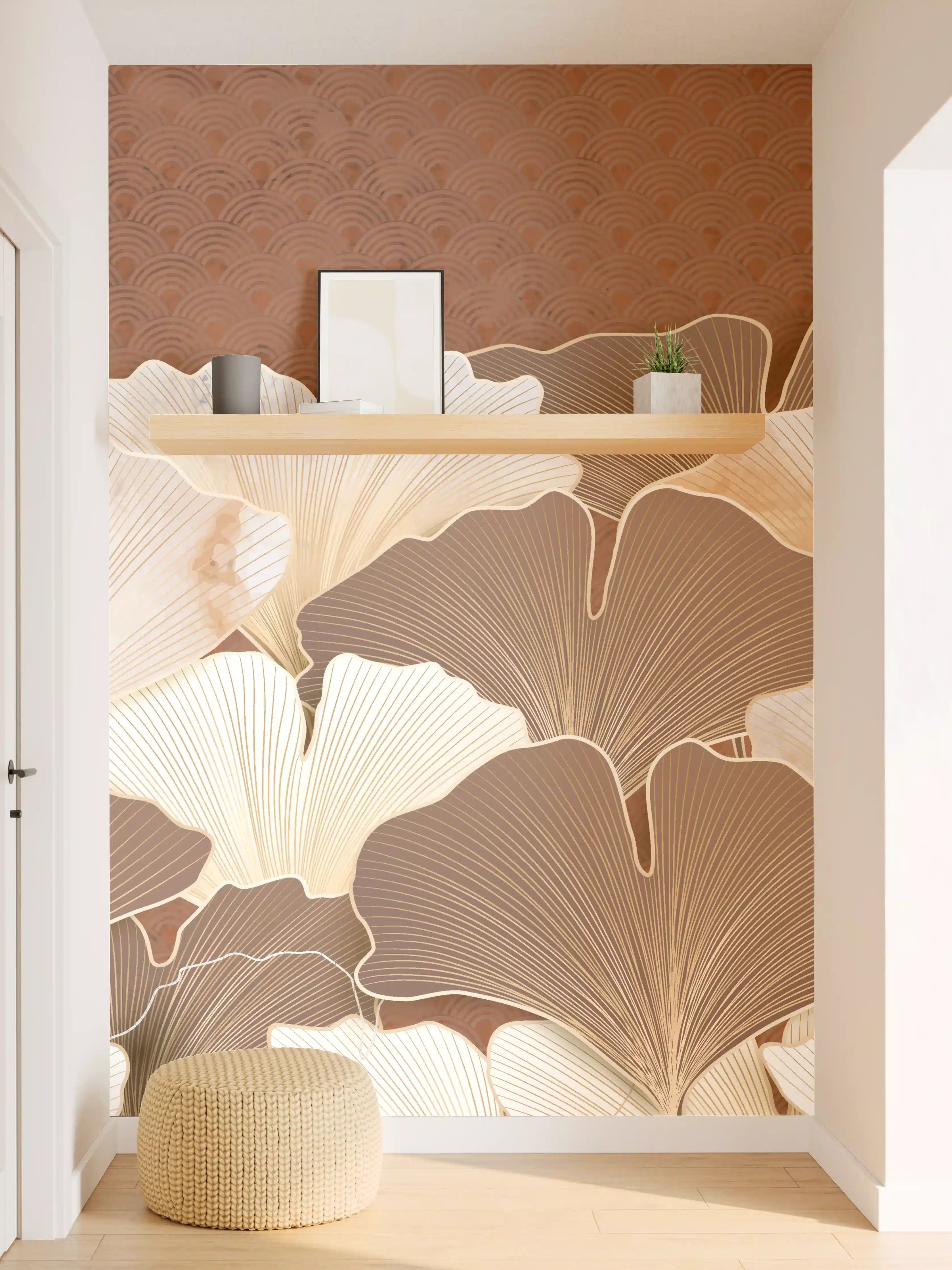 Wandverkleidung Flur - Beige Ginkgo Blattmuster