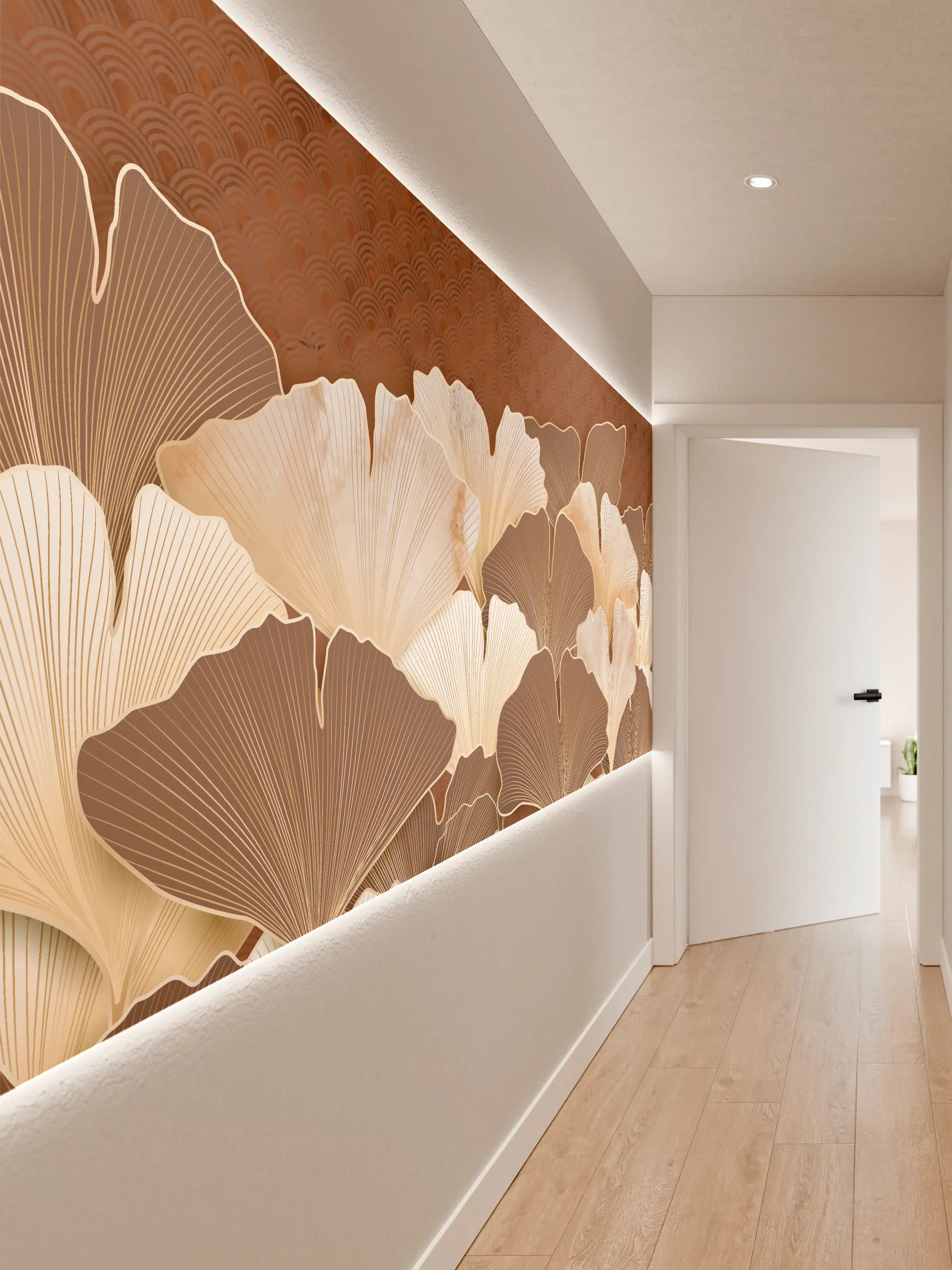Wandverkleidung Flur - Beige Ginkgo Blattmuster