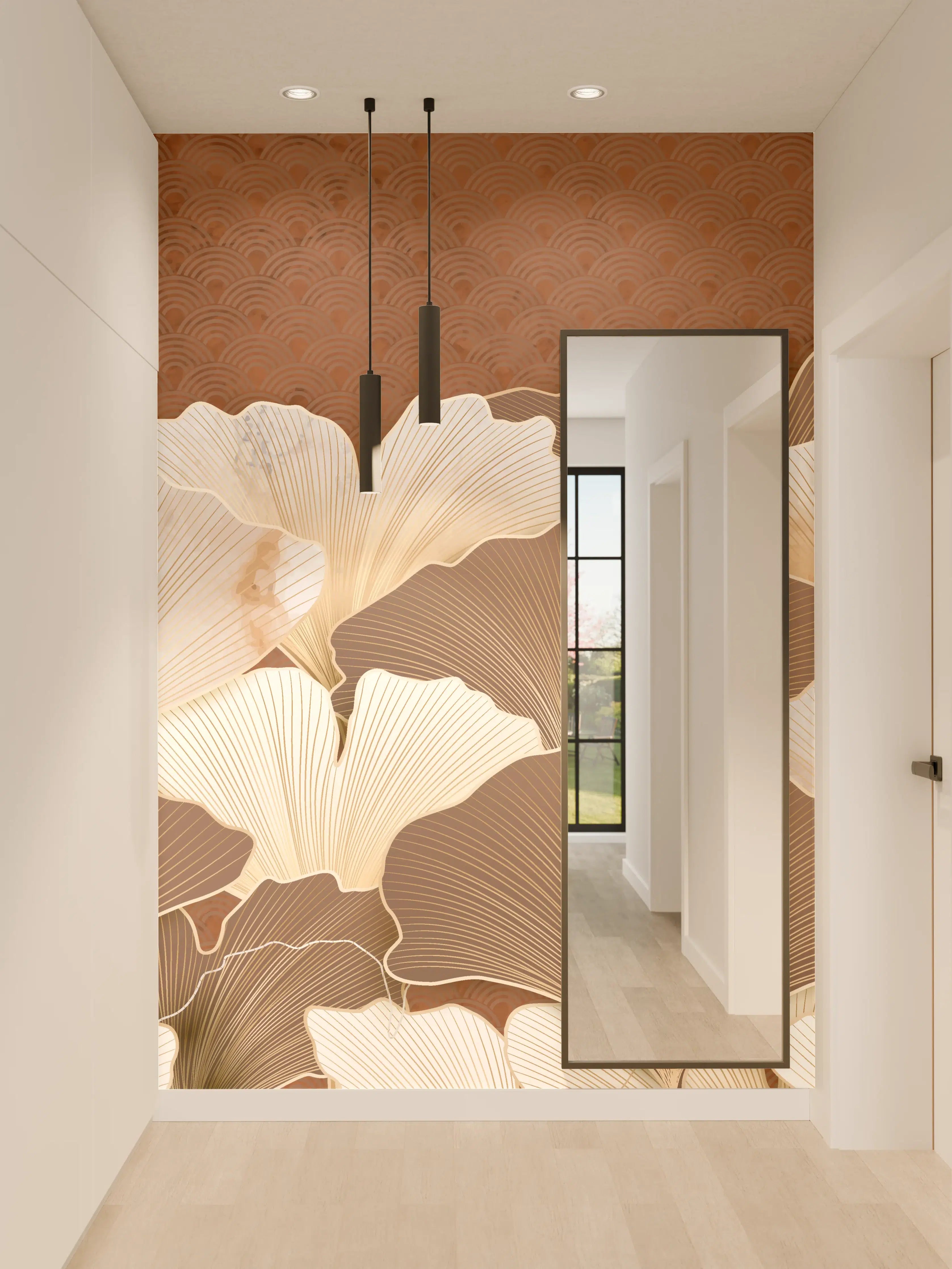Wandverkleidung Flur - Beige Ginkgo Blattmuster