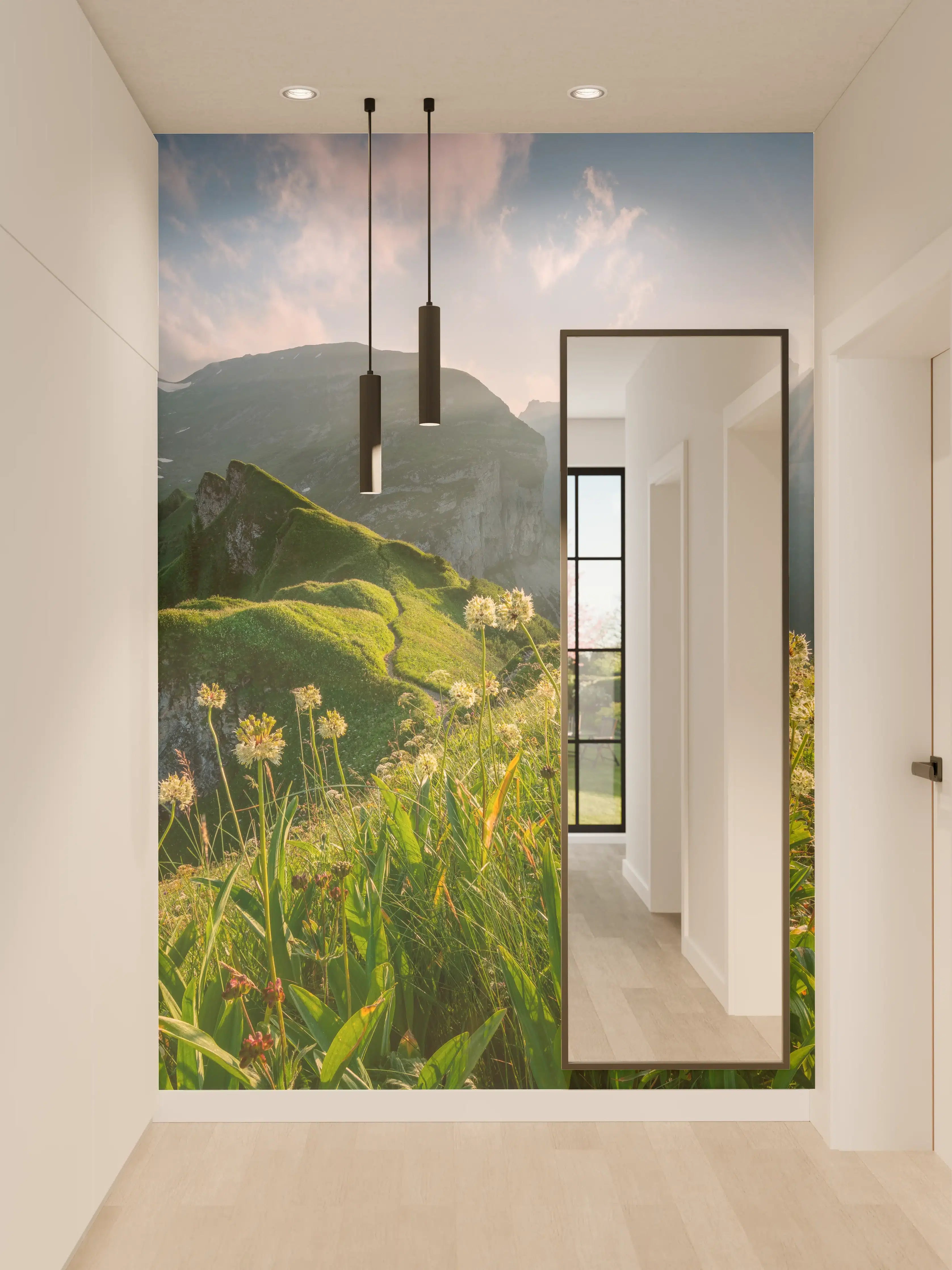 Wandverkleidung Flur - Berglandschaft bei Sonnenaufgang mit Blumen im Vordergrund