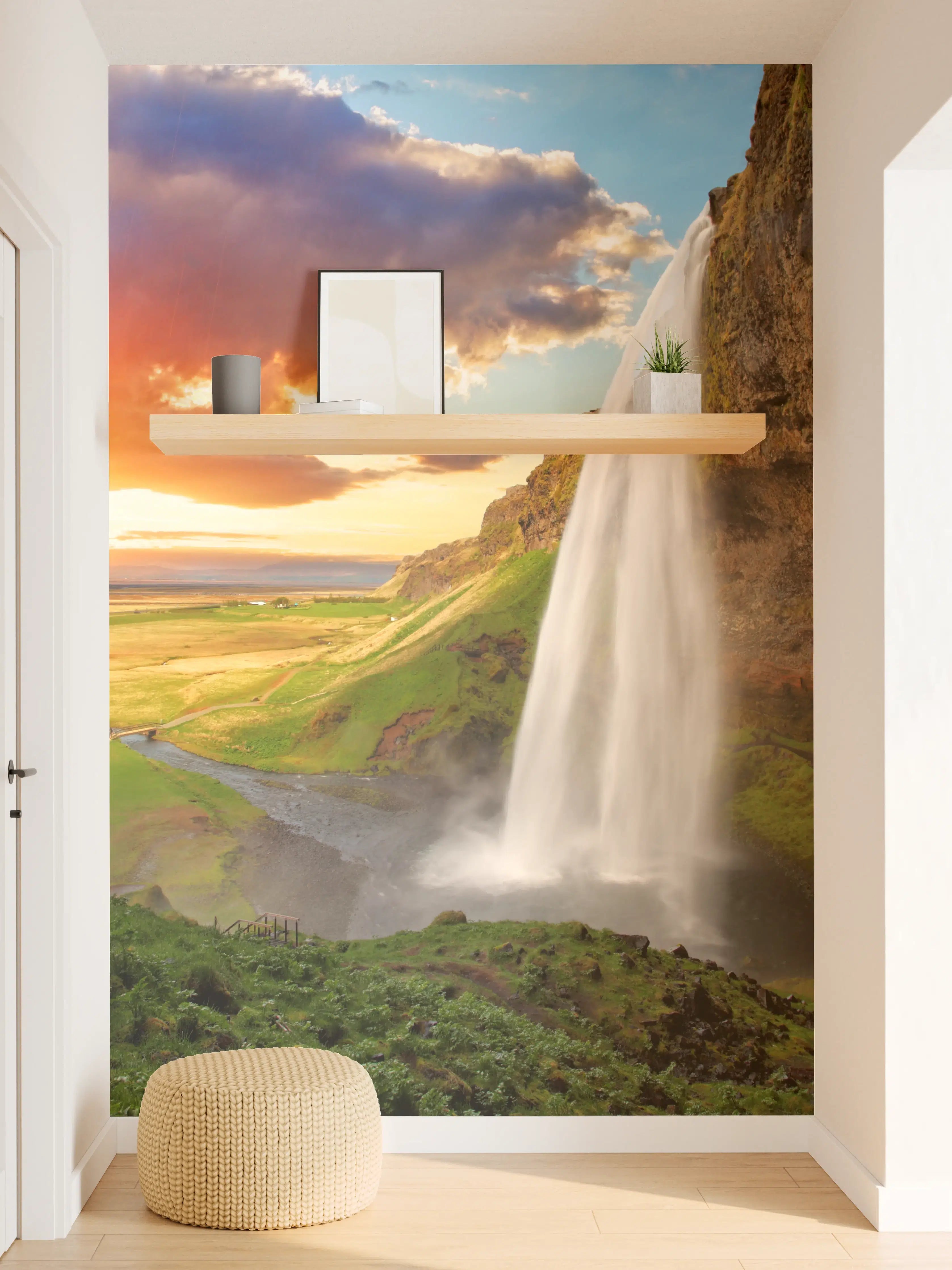 Wandverkleidung Flur - Bergwasserfall bei Sonnenuntergang