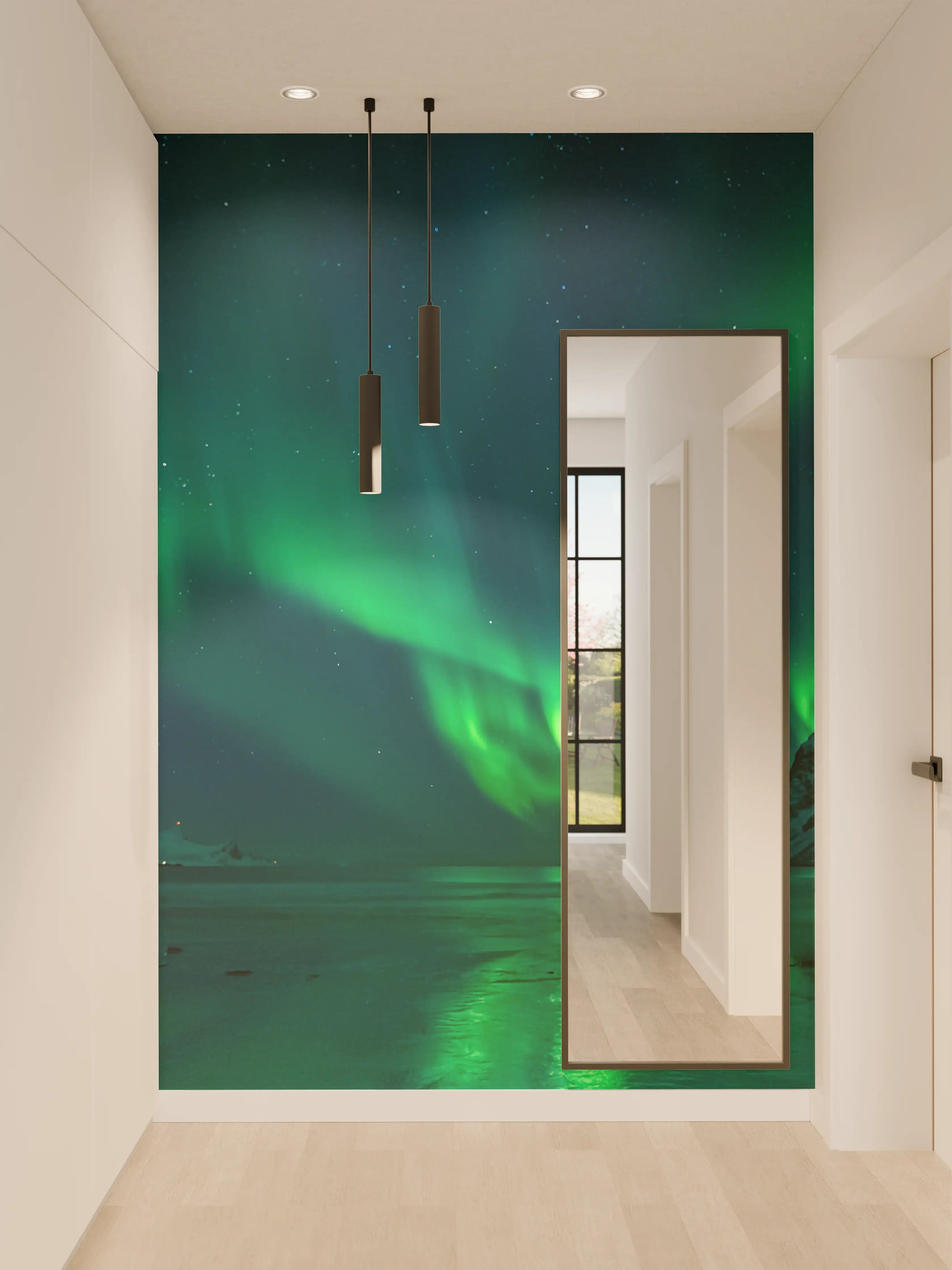 Wandverkleidung Flur - Bewegende Nordlichter über eisiger Landschaft