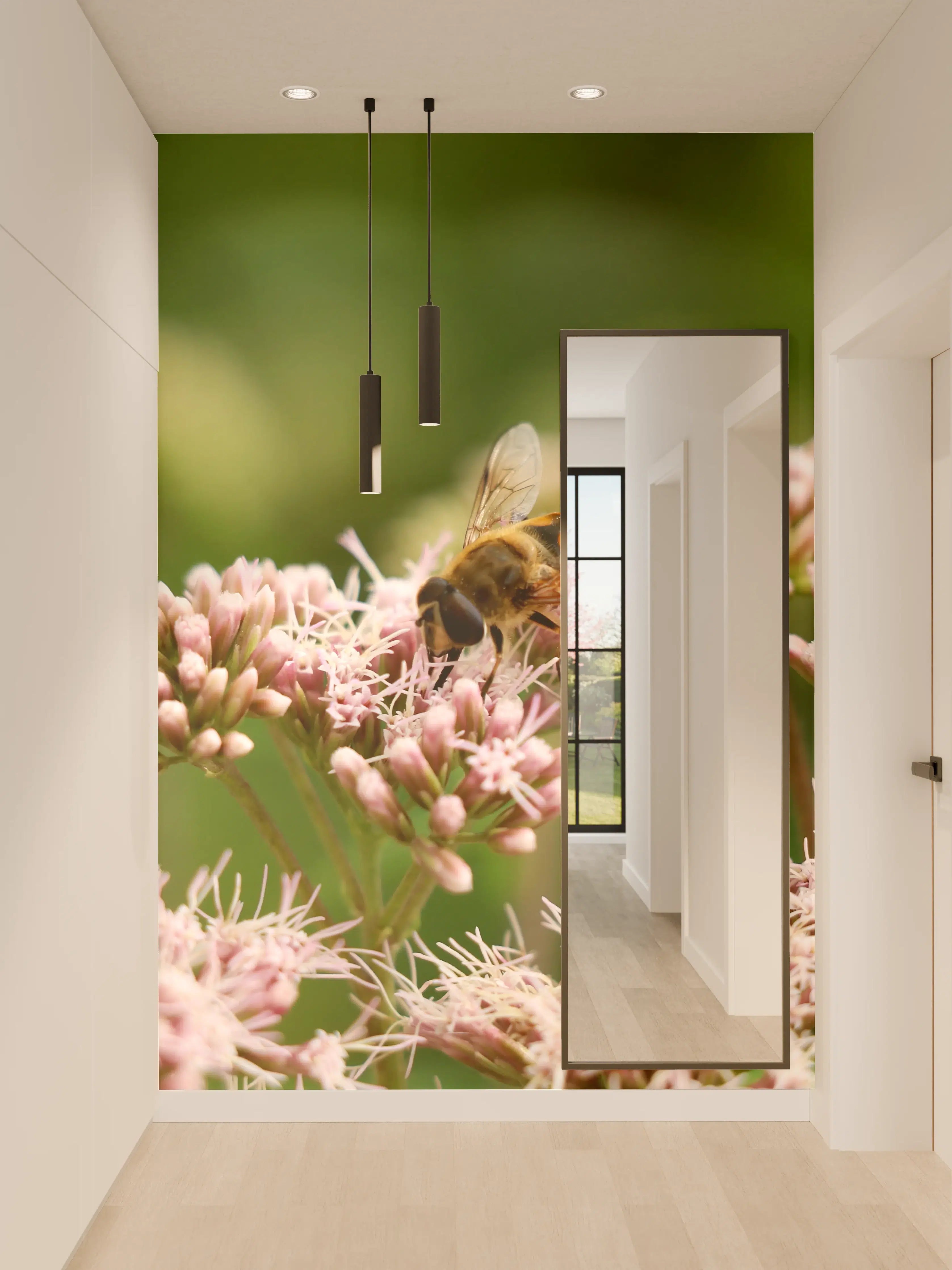 Wandverkleidung Flur - Biene auf Rosa Blüten Makro
