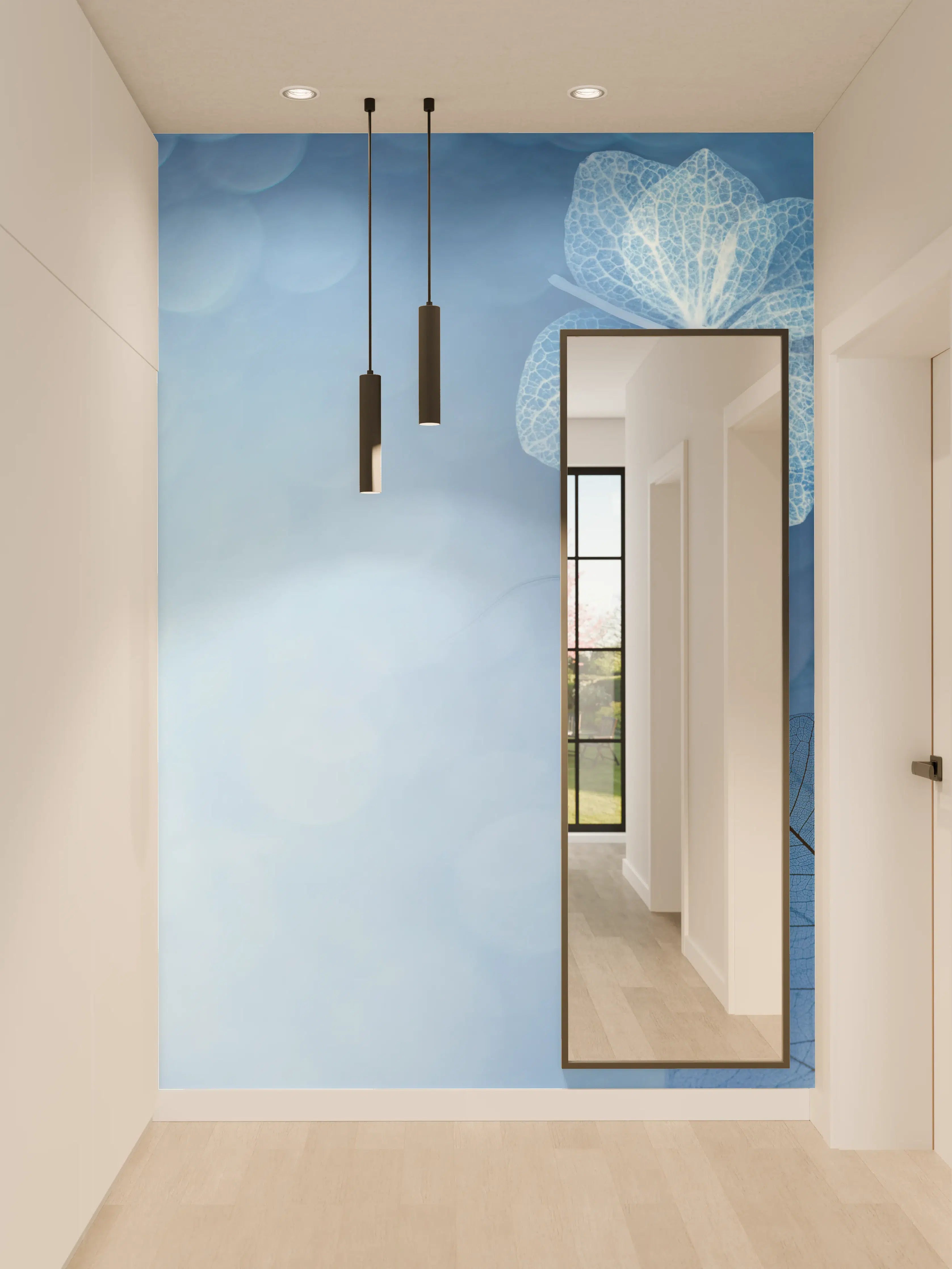 Wandverkleidung Flur - Blätter in Blau - Elegante Naturmotive