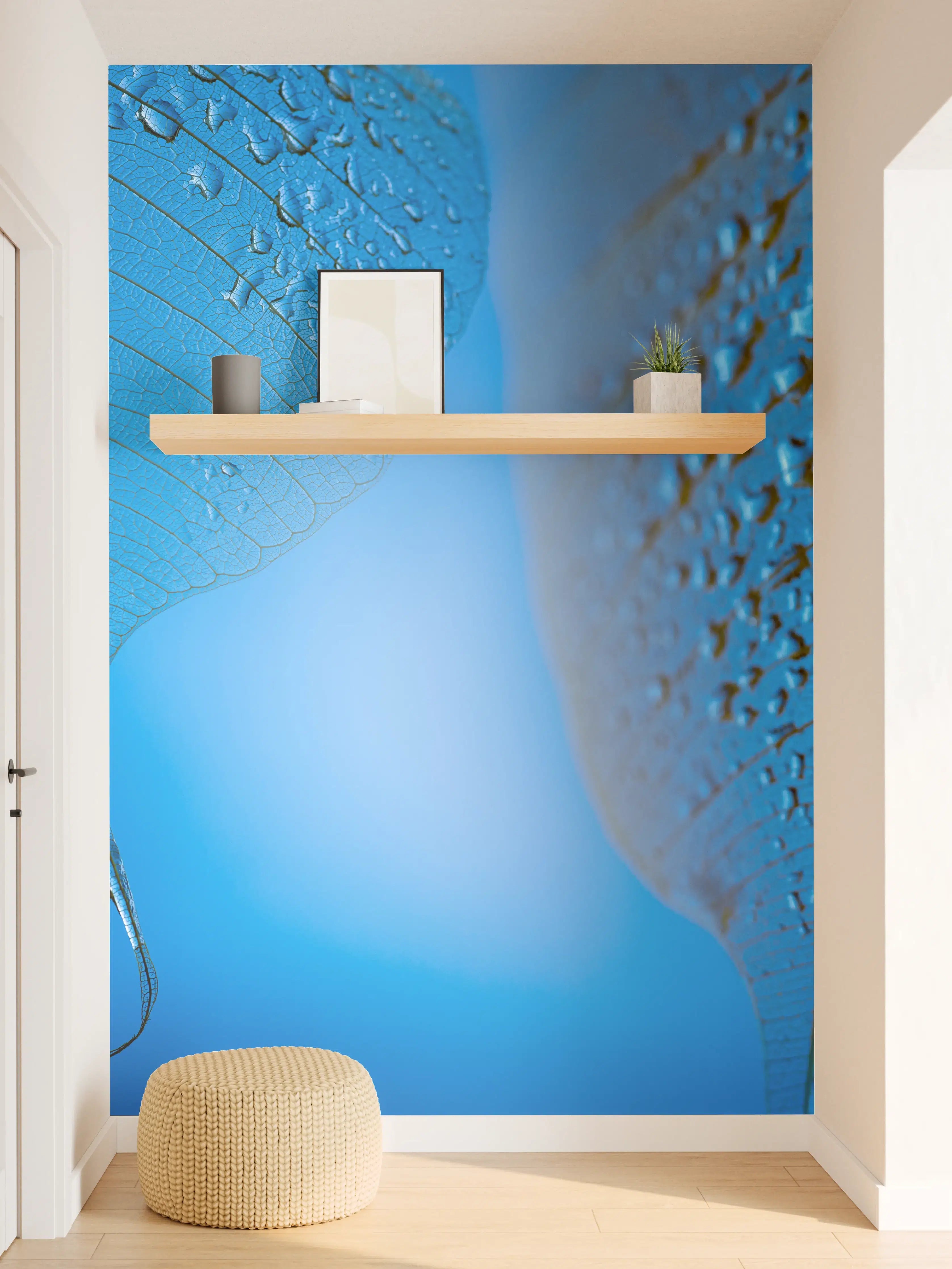 Wandverkleidung Flur - Blätter mit Tautropfen in Blau