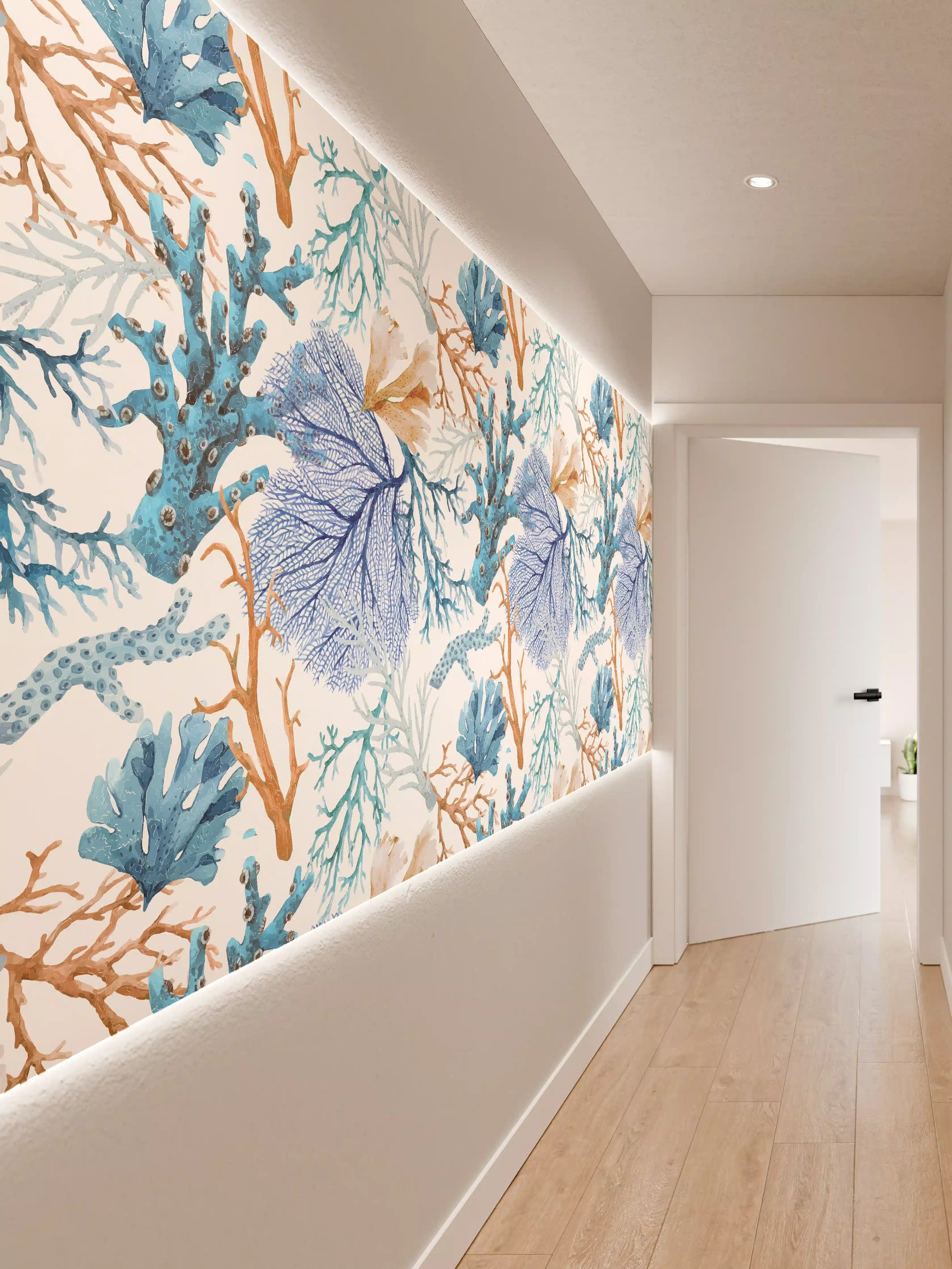 Wandverkleidung Flur - Blau-Beige Korallenmuster