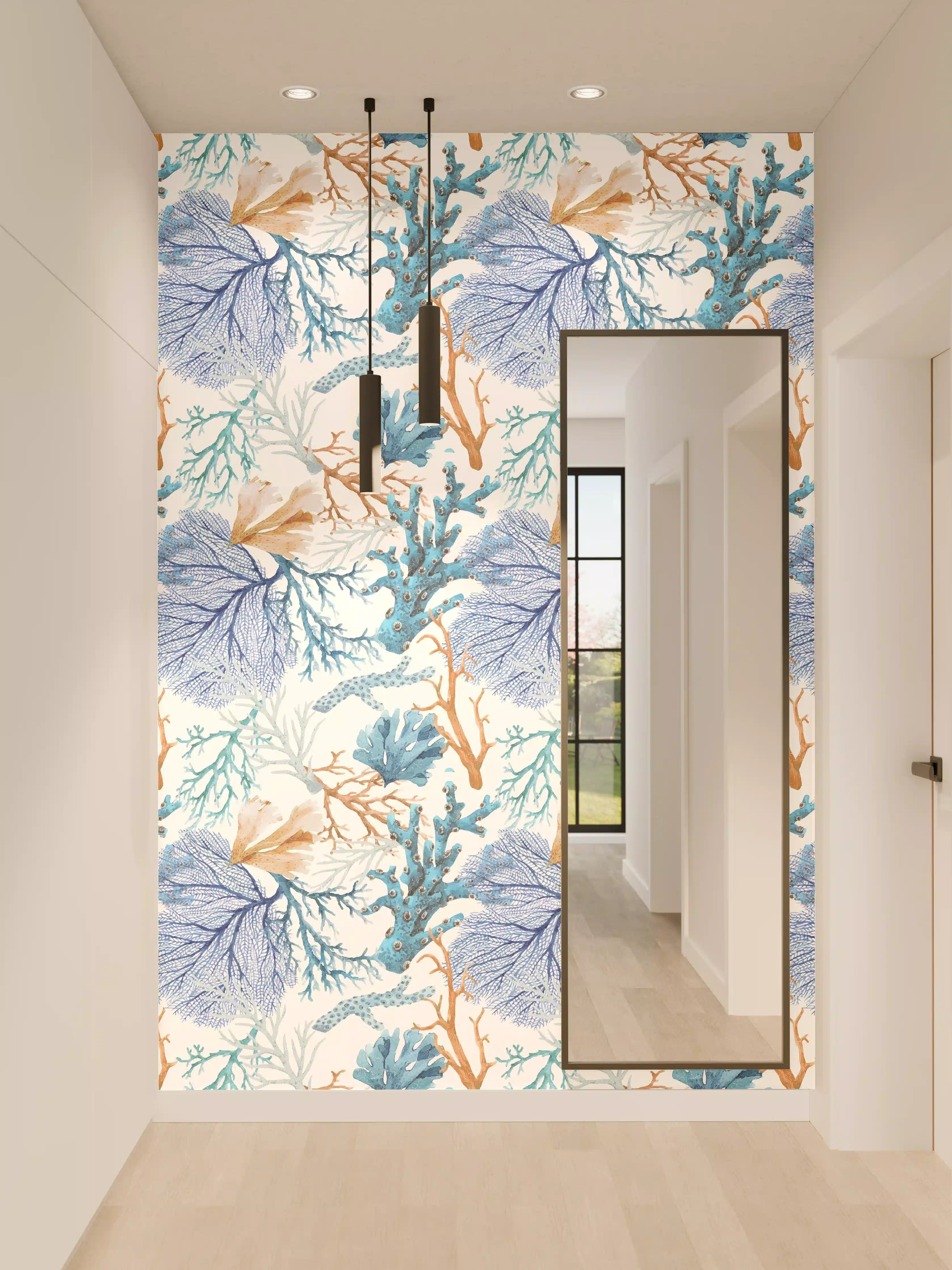 Wandverkleidung Flur - Blau-Beige Korallenmuster