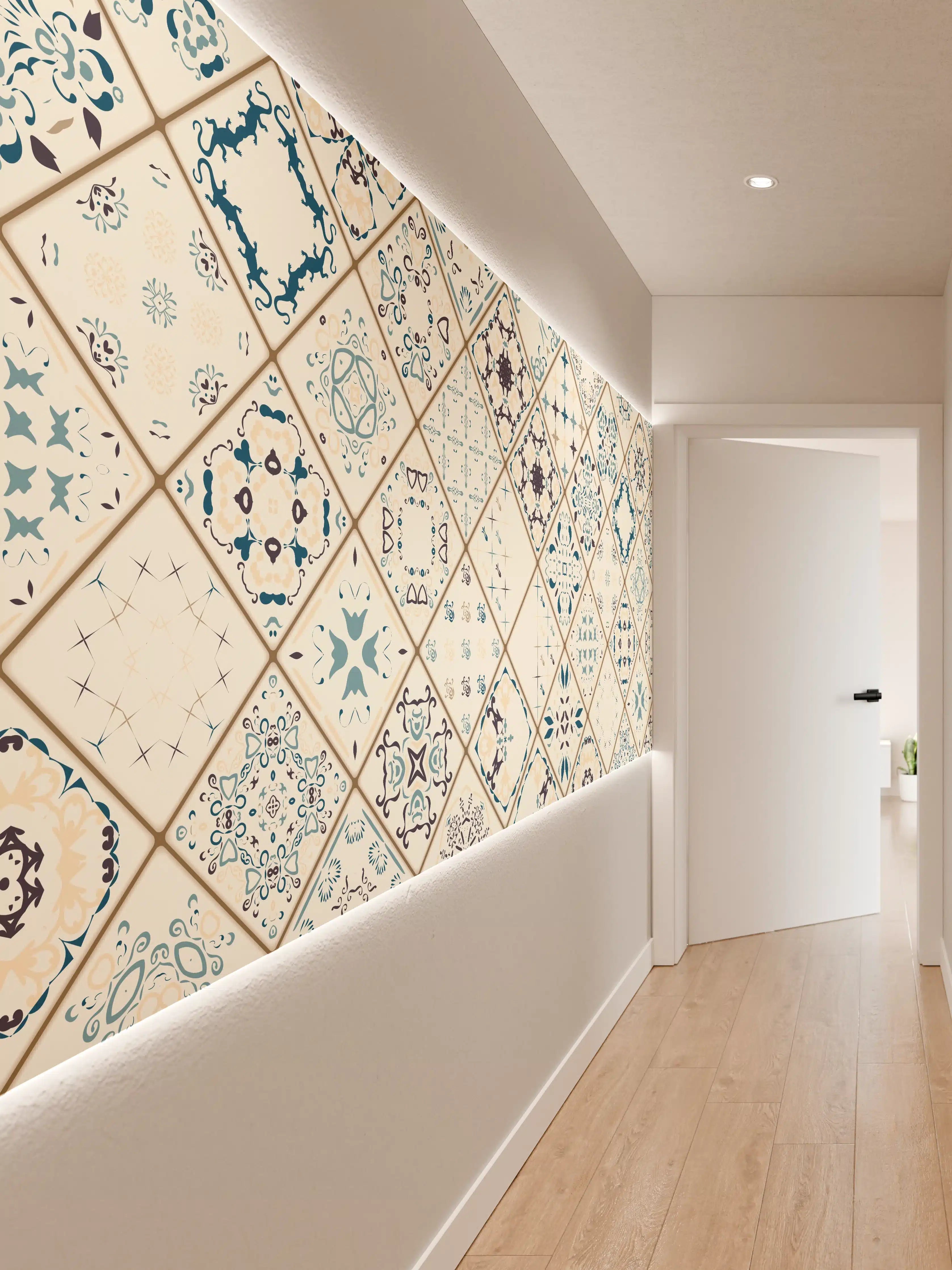 Wandverkleidung Flur - Blau-Beige Retro Fliesendesign