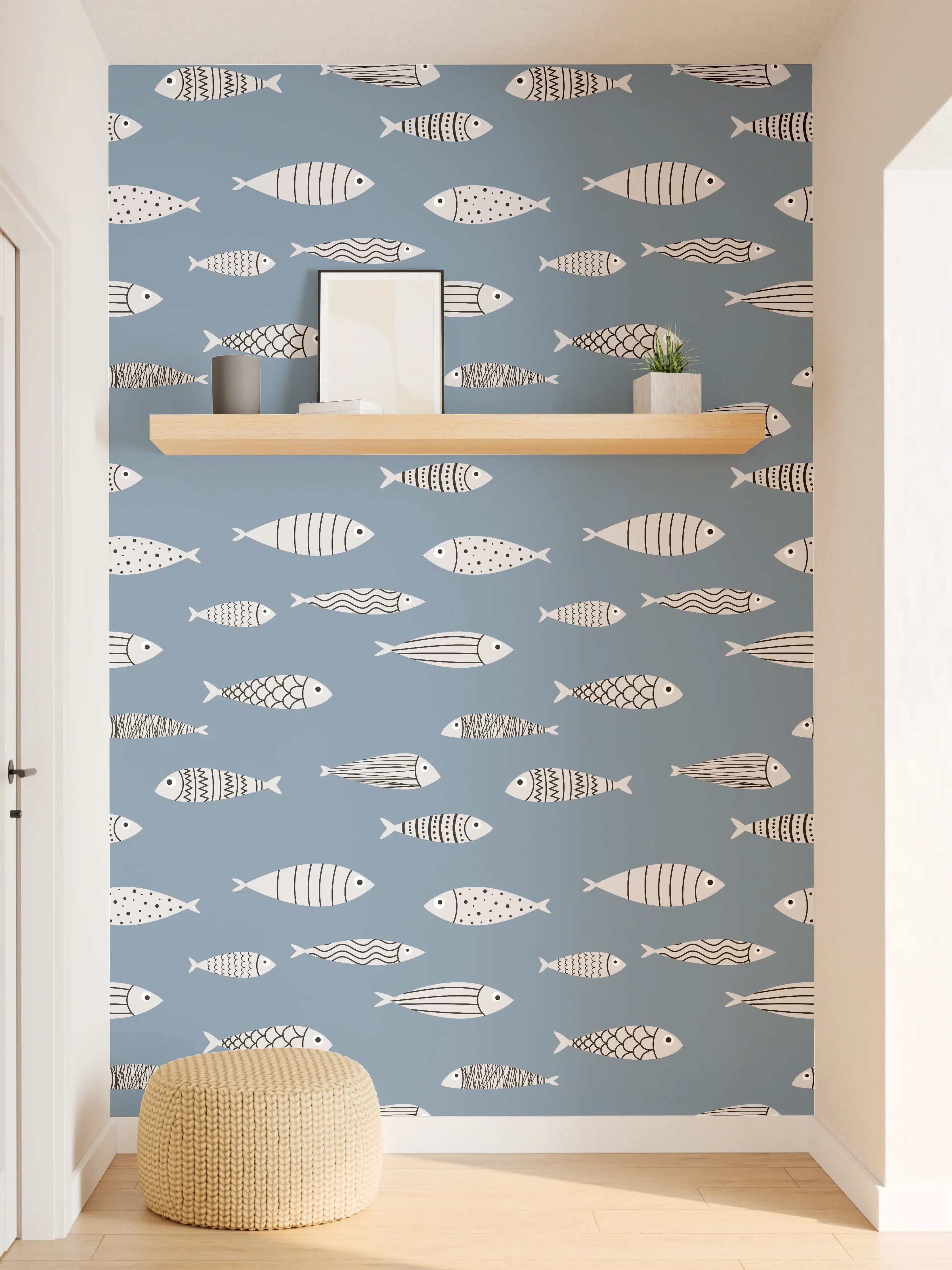 Wandverkleidung Flur - Blau-Weiß Fischmuster
