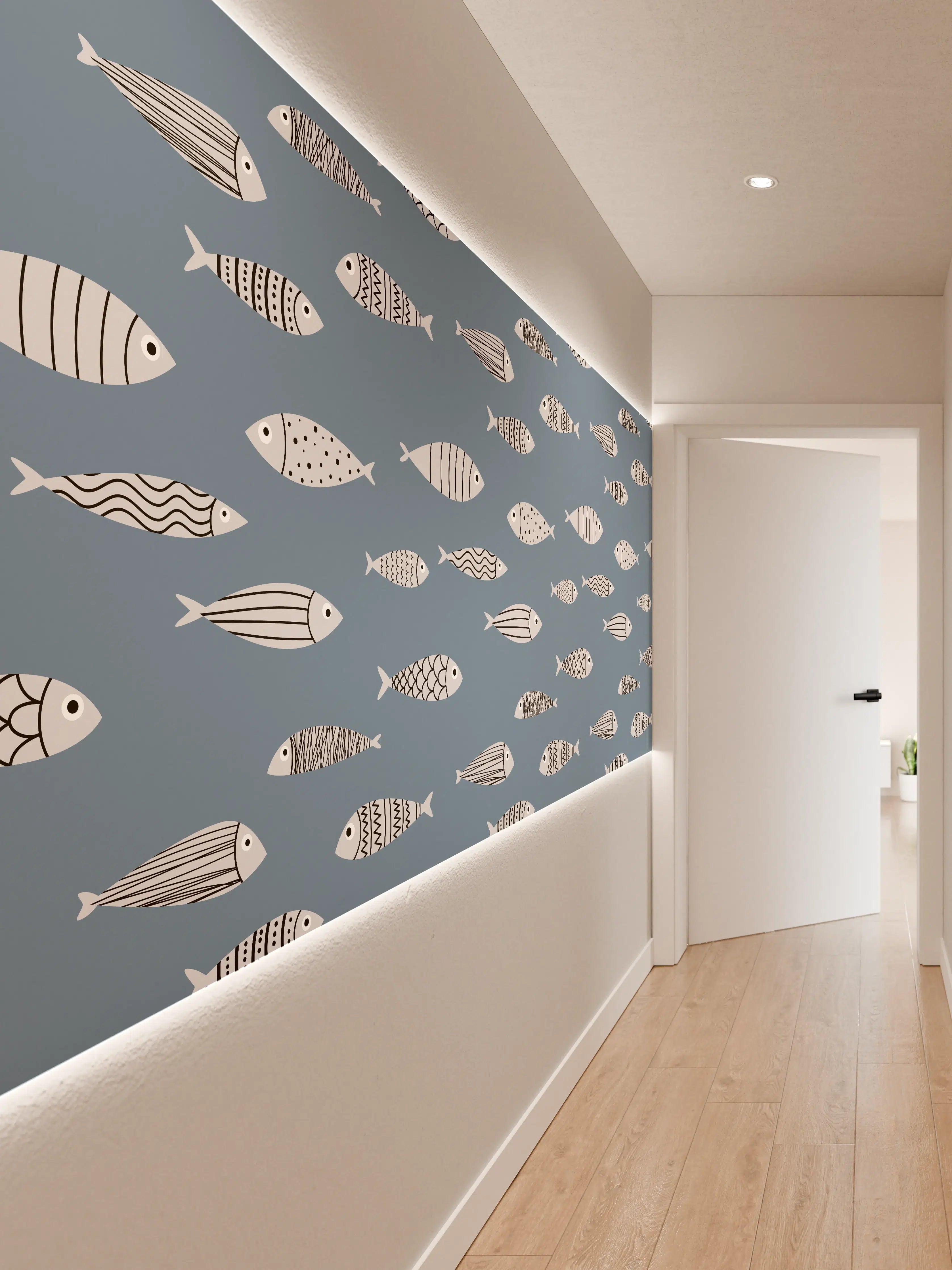 Wandverkleidung Flur - Blau-Weiß Fischmuster
