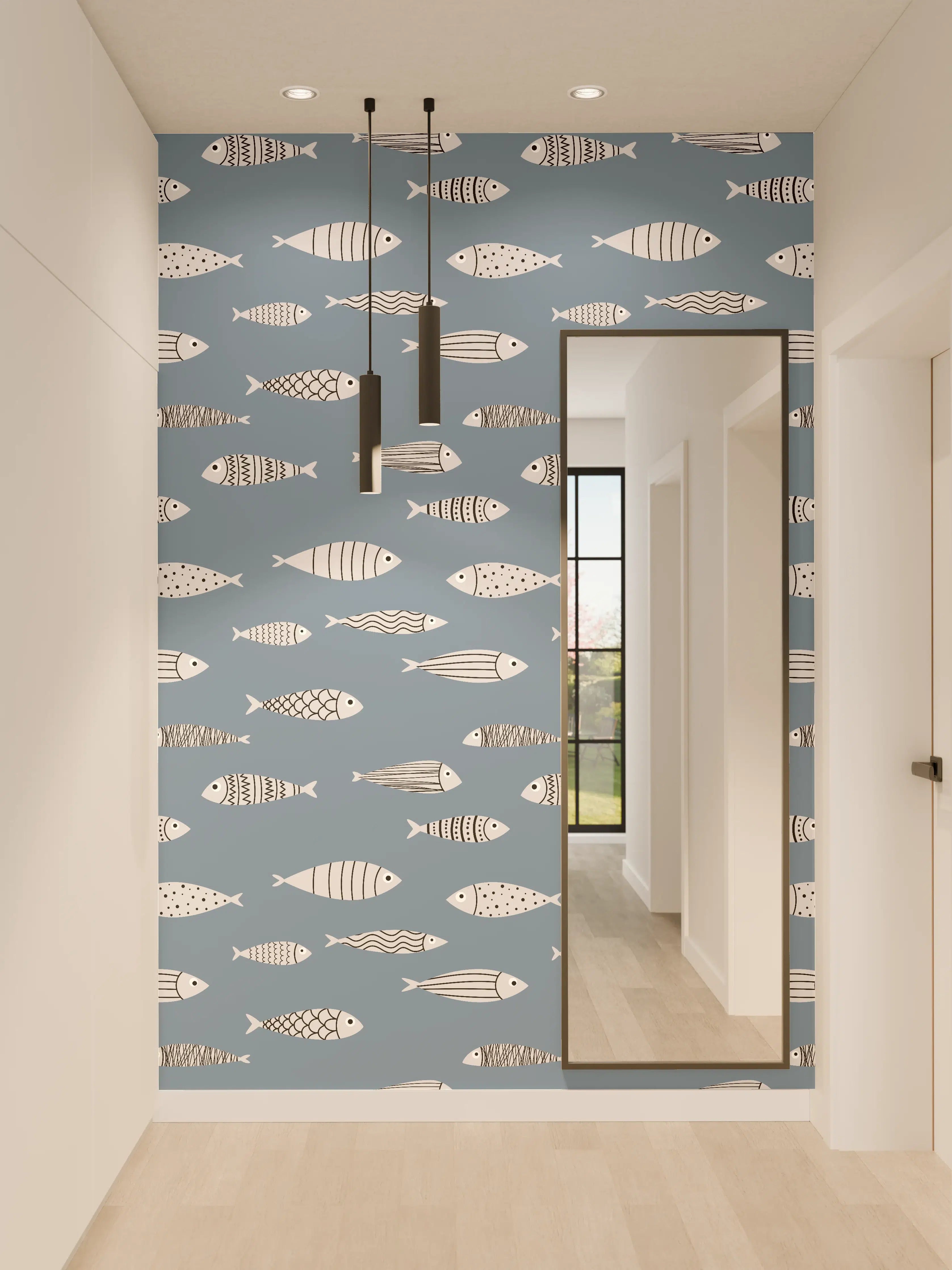 Wandverkleidung Flur - Blau-Weiß Fischmuster