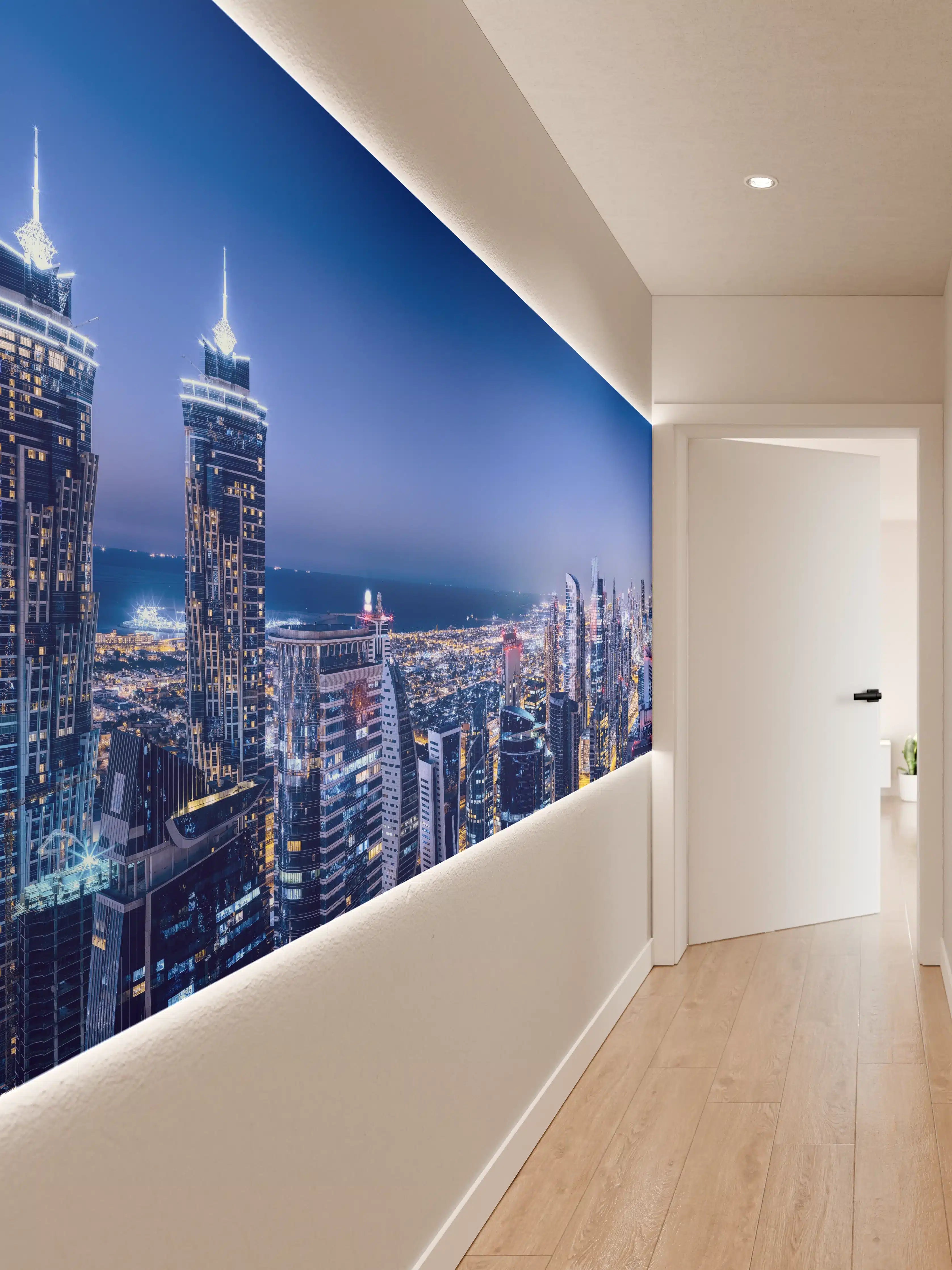 Wandverkleidung Flur - Blaue Skyline bei Nacht