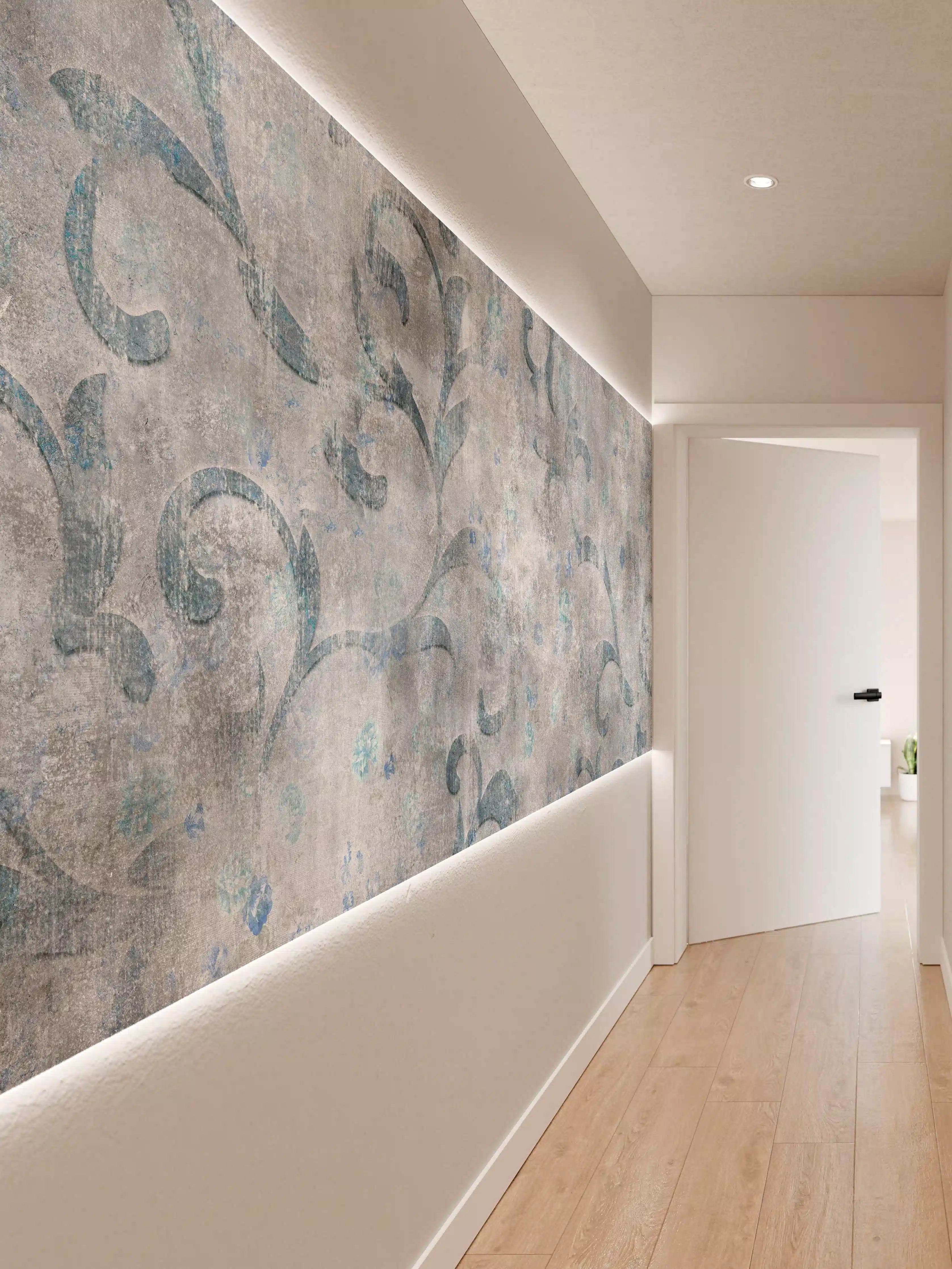 Wandverkleidung Flur - Blaues Blätter Muster - Zement